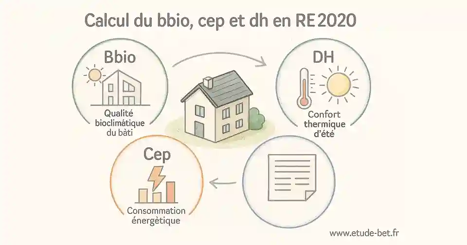 Schéma explicatif du calcul bbio, cep et dh en re2020