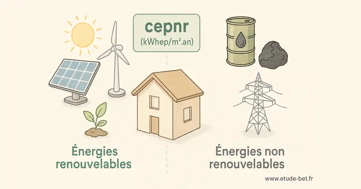 Schéma explicatif du calcul CEPnr avec distinction énergies renouvelables et non renouvelables