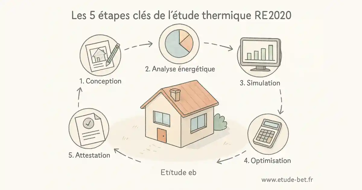 Schéma des 5 étapes de l'étude thermique re2020
