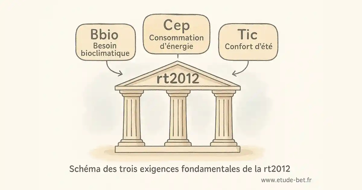 Schéma des 3 indicateurs RT2012 : Bbio, CEP et TIC