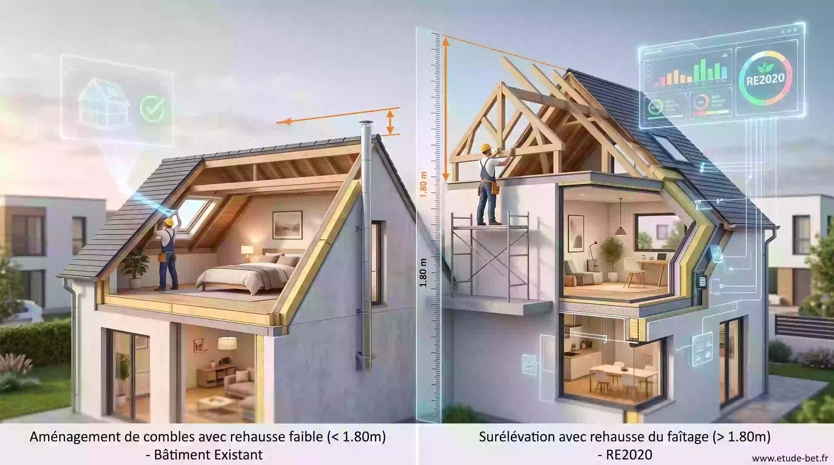 Aménagement de combles avec rehausse du faîtage de plus de 1,80 m, considéré comme une surélévation soumise à la re2020
