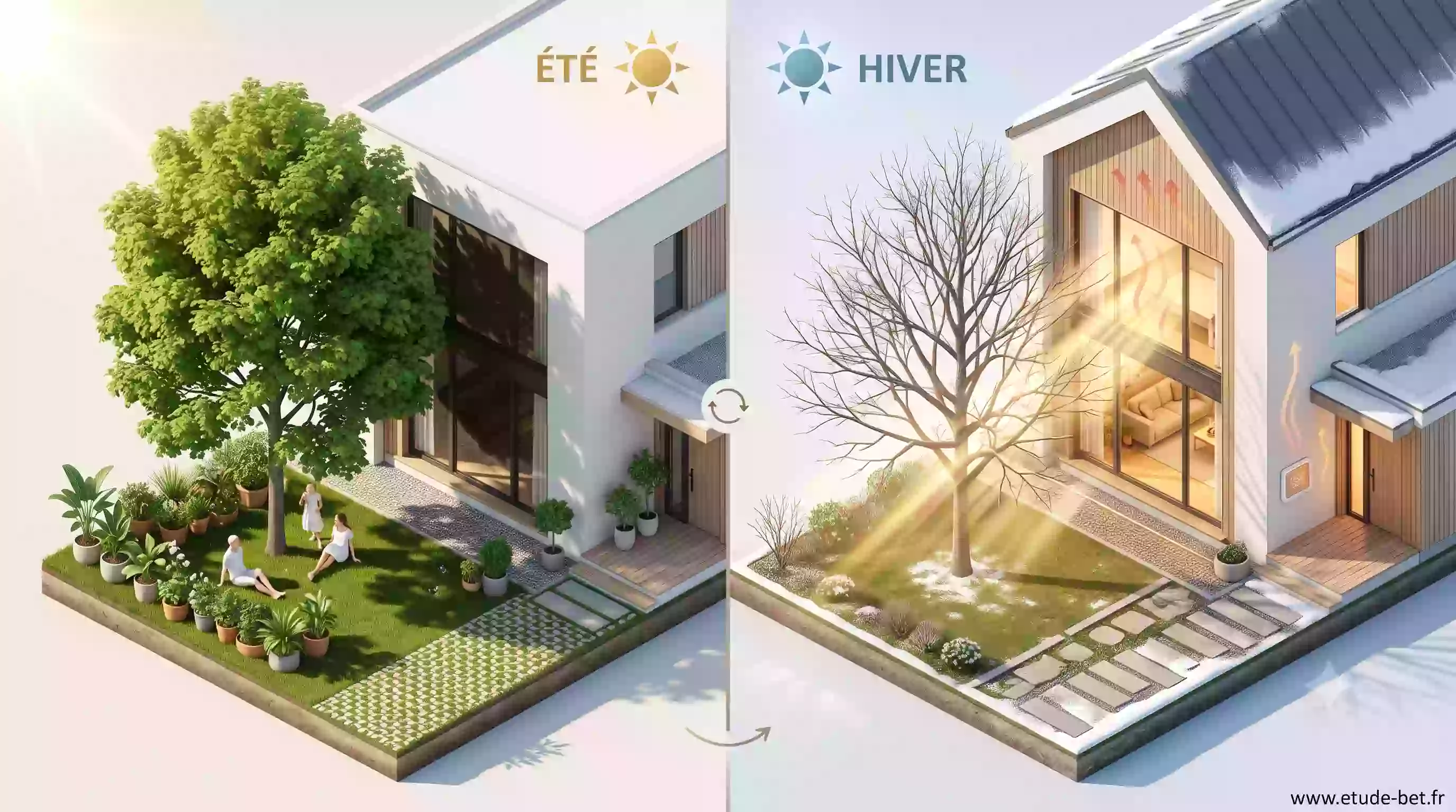 Arbre à feuillage caduc protégeant la façade ouest d'une maison en été