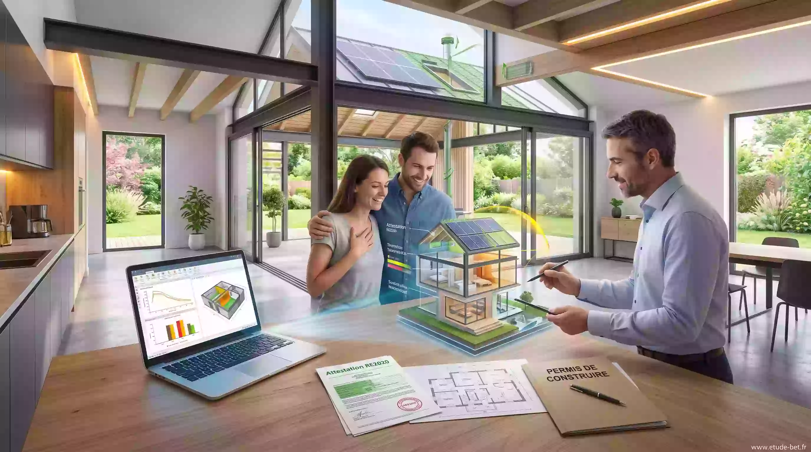 Attestation simplifiée re2020 préparée par un bureau d'études pour le permis de construire d'une extension de maison
