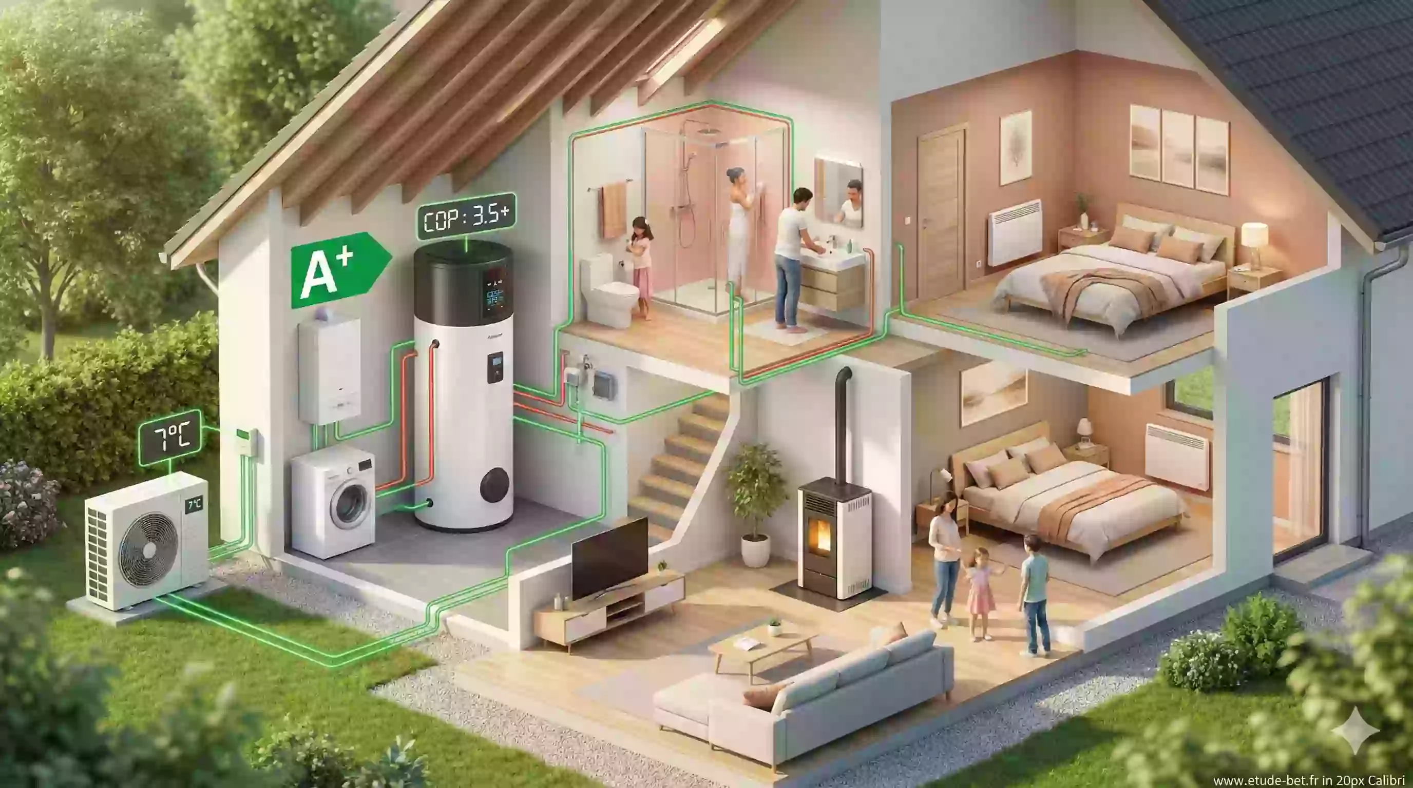 Étiquette énergie d'un ballon thermodynamique classe A+ avec indication du COP et de la consommation annuelle