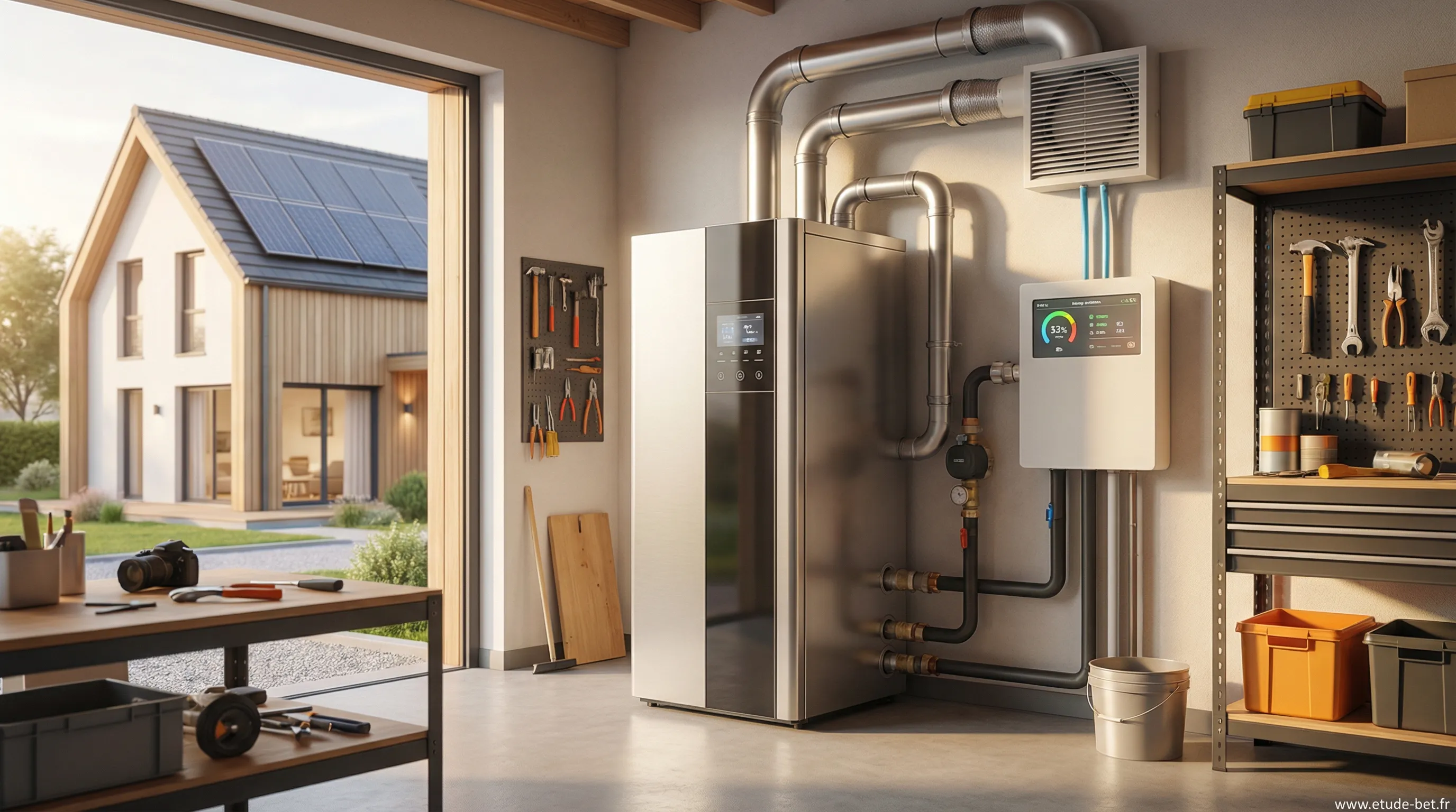 Ballon thermodynamique installé dans un garage