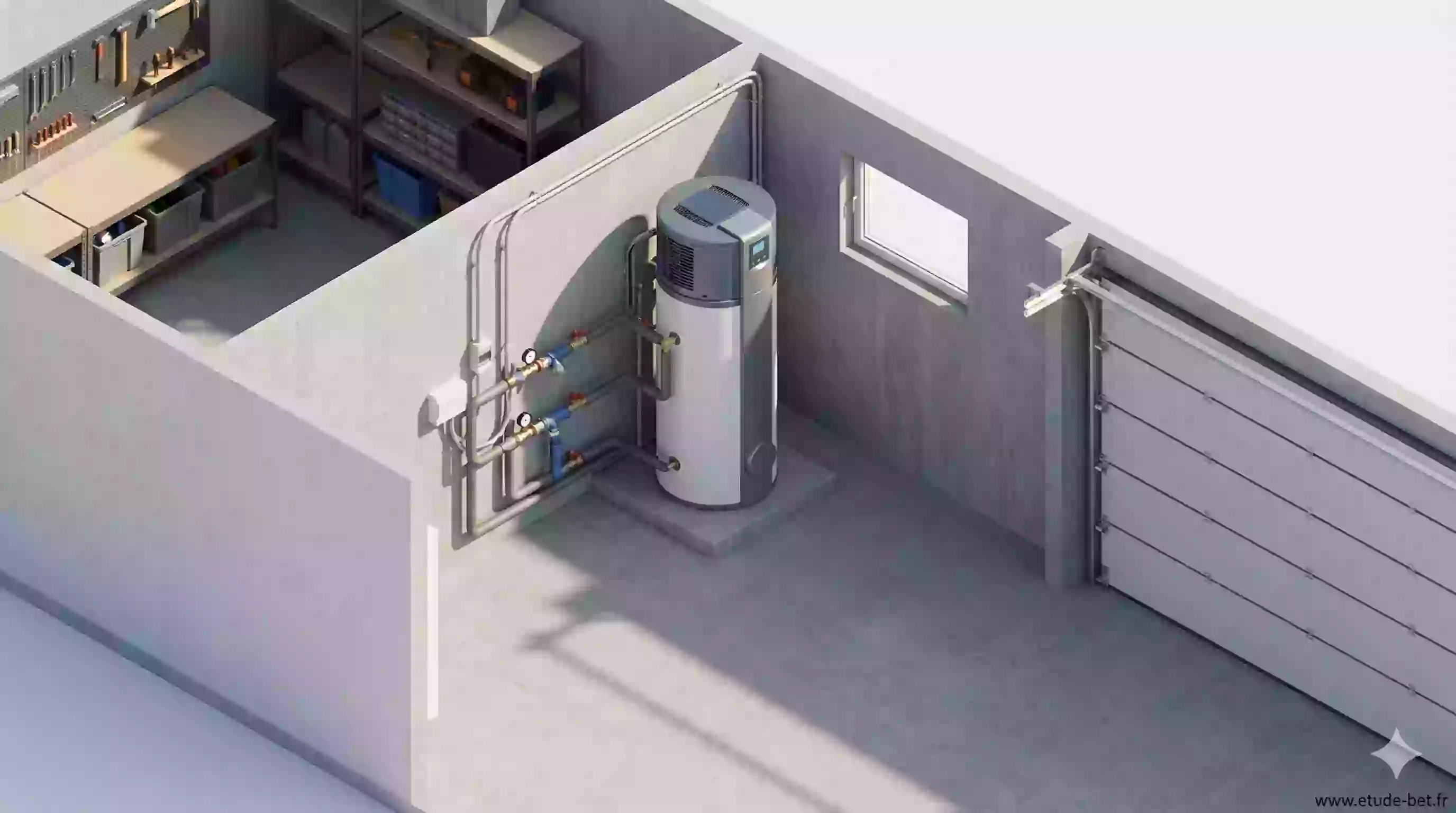 Installation d'un ballon thermodynamique dans un garage avec raccordements hydrauliques et électriques
