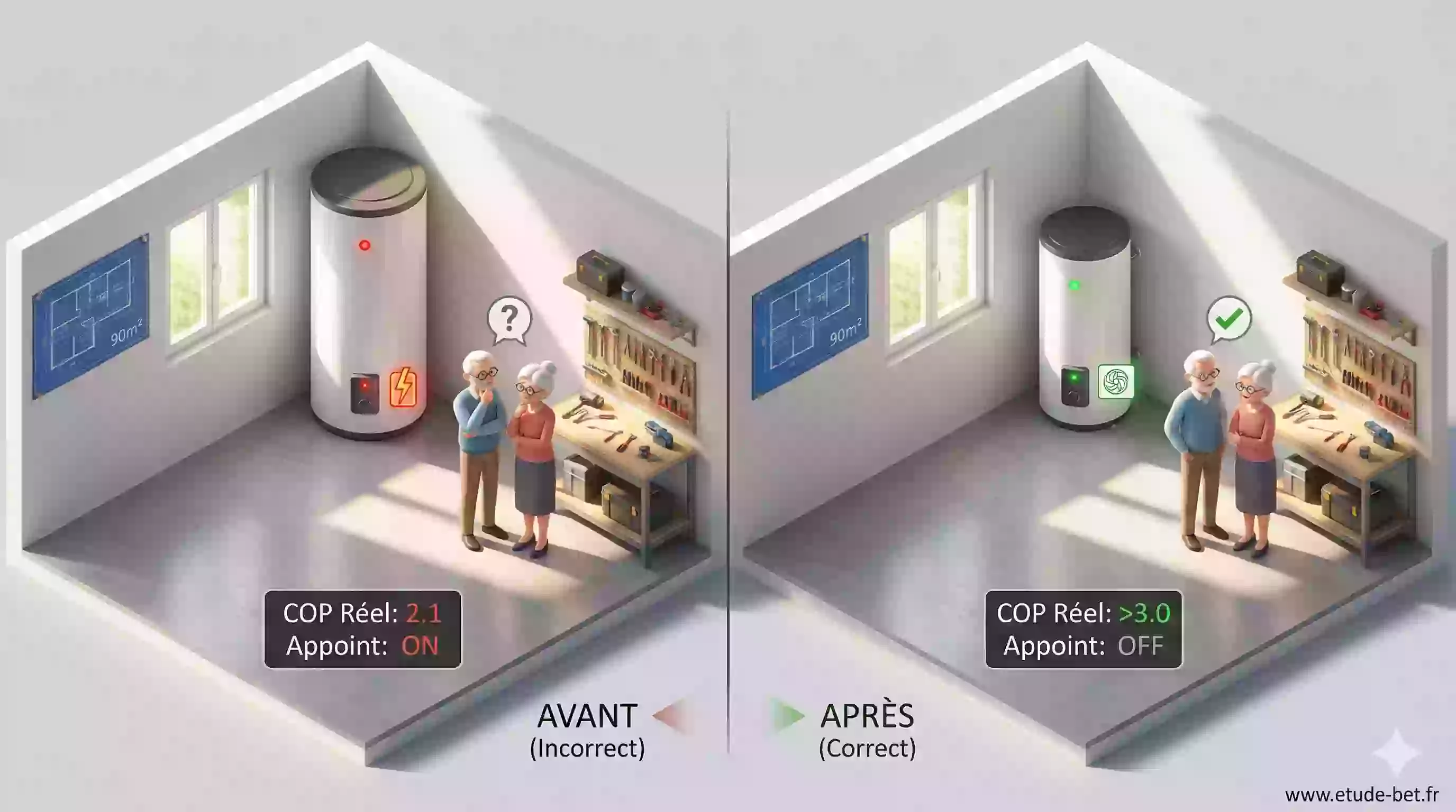 Installation correcte d'un ballon thermodynamique dans un garage spacieux avec accès pour entretien