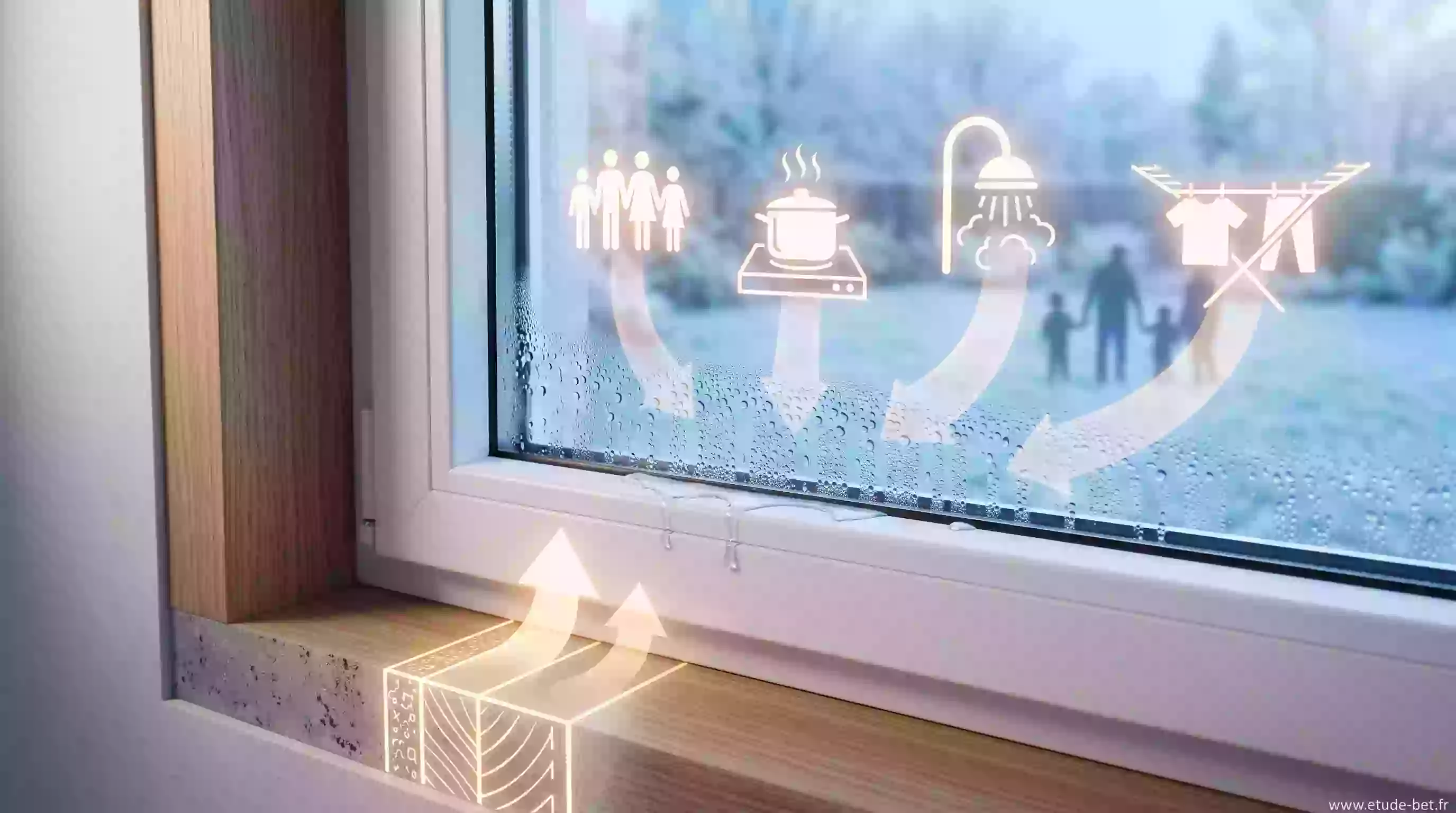 Condensation matinale sur le vitrage d'une maison neuve pendant le premier hiver de séchage du bâti