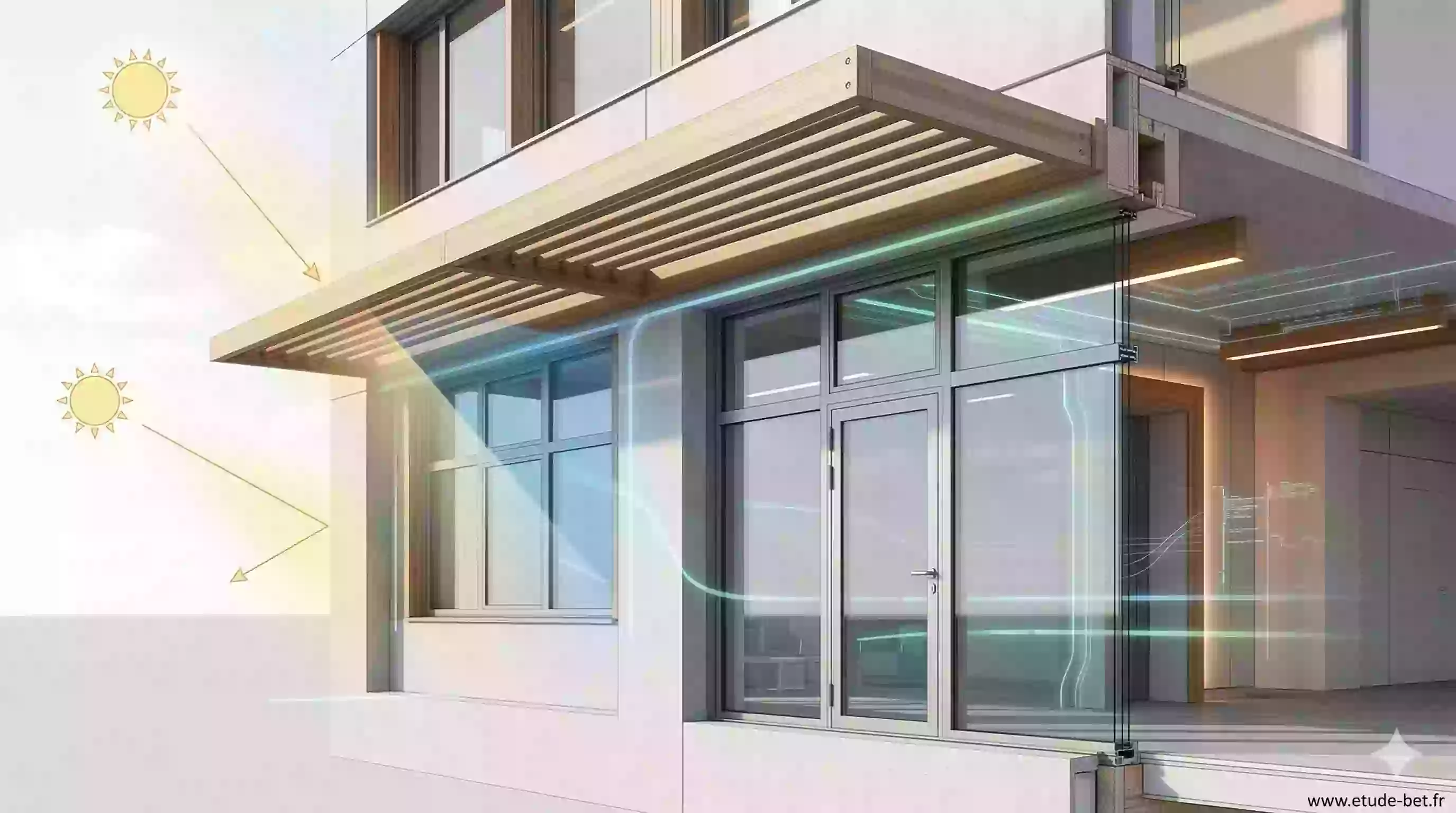 Casquette en bois sur façade contemporaine - protection solaire architecturale menuiseries