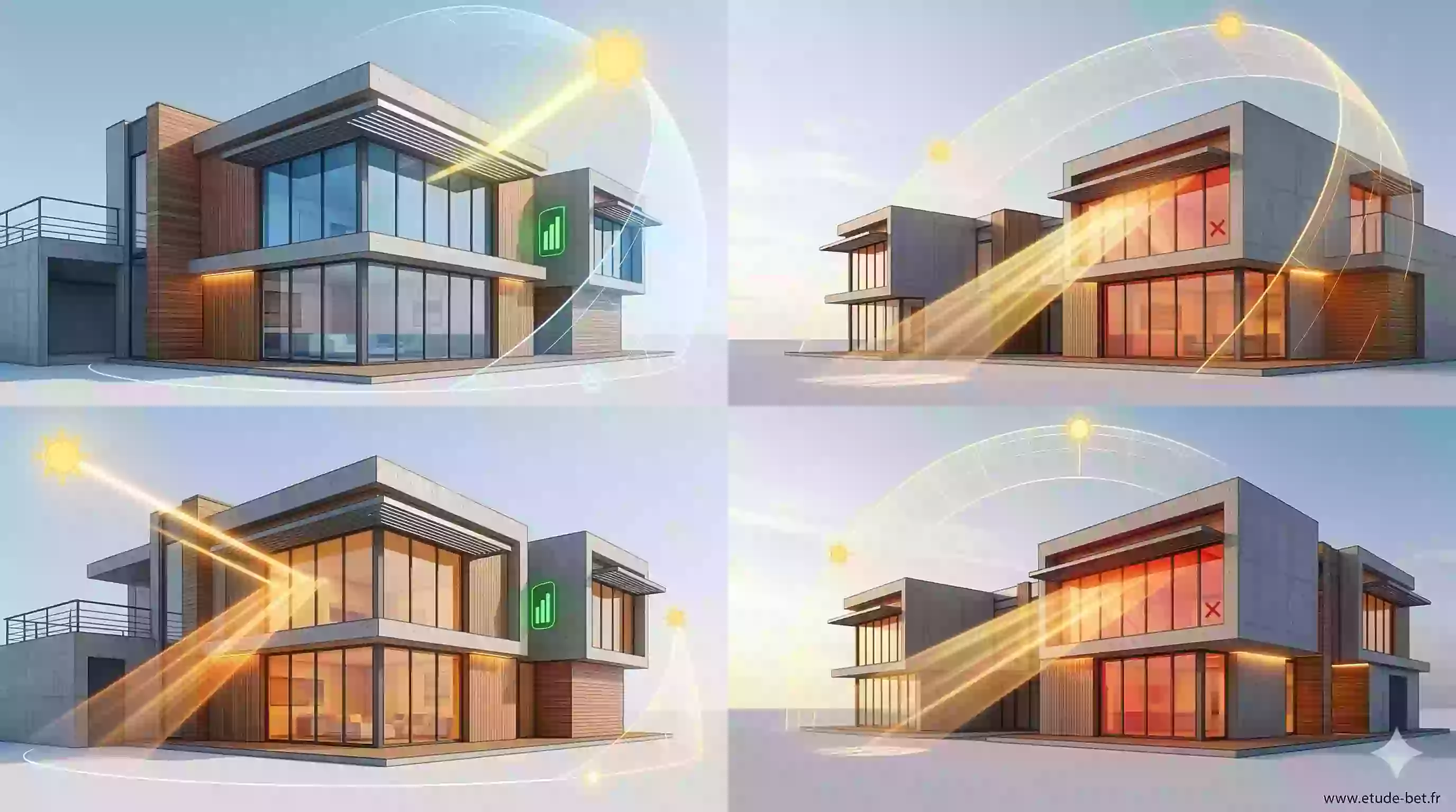 Tableau d'efficacité des casquettes par orientation de façade - sud, est, ouest, nord