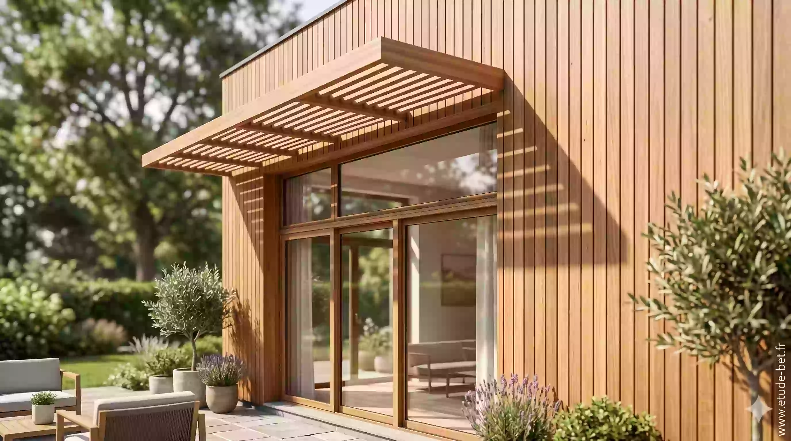 Exemple de casquette solaire sur façade sud en bois, correctement dimensionnée pour bloquer le soleil d'été