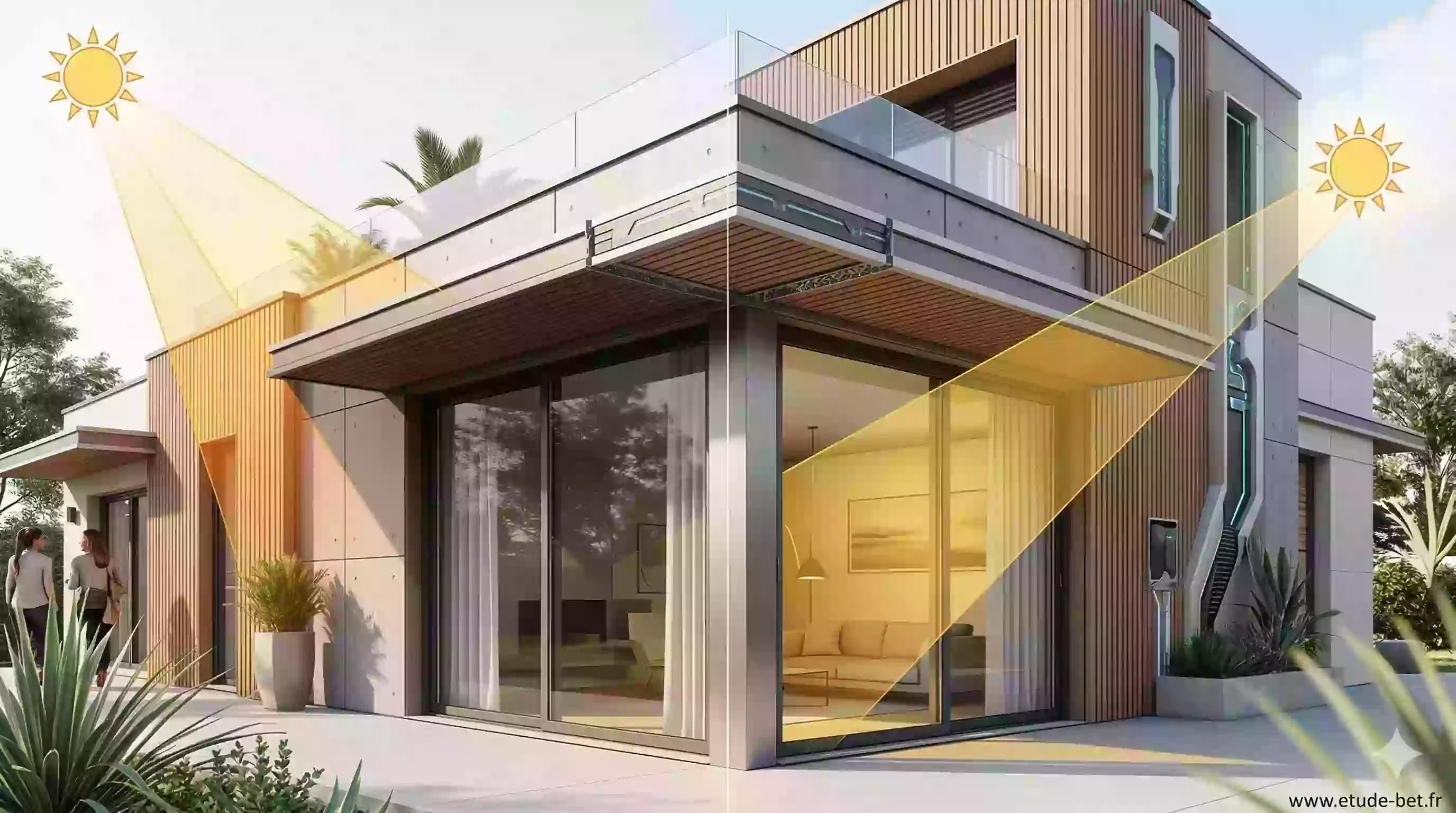 Schéma géométrique d'une casquette solaire : angle du soleil en été et en hiver par rapport au débord