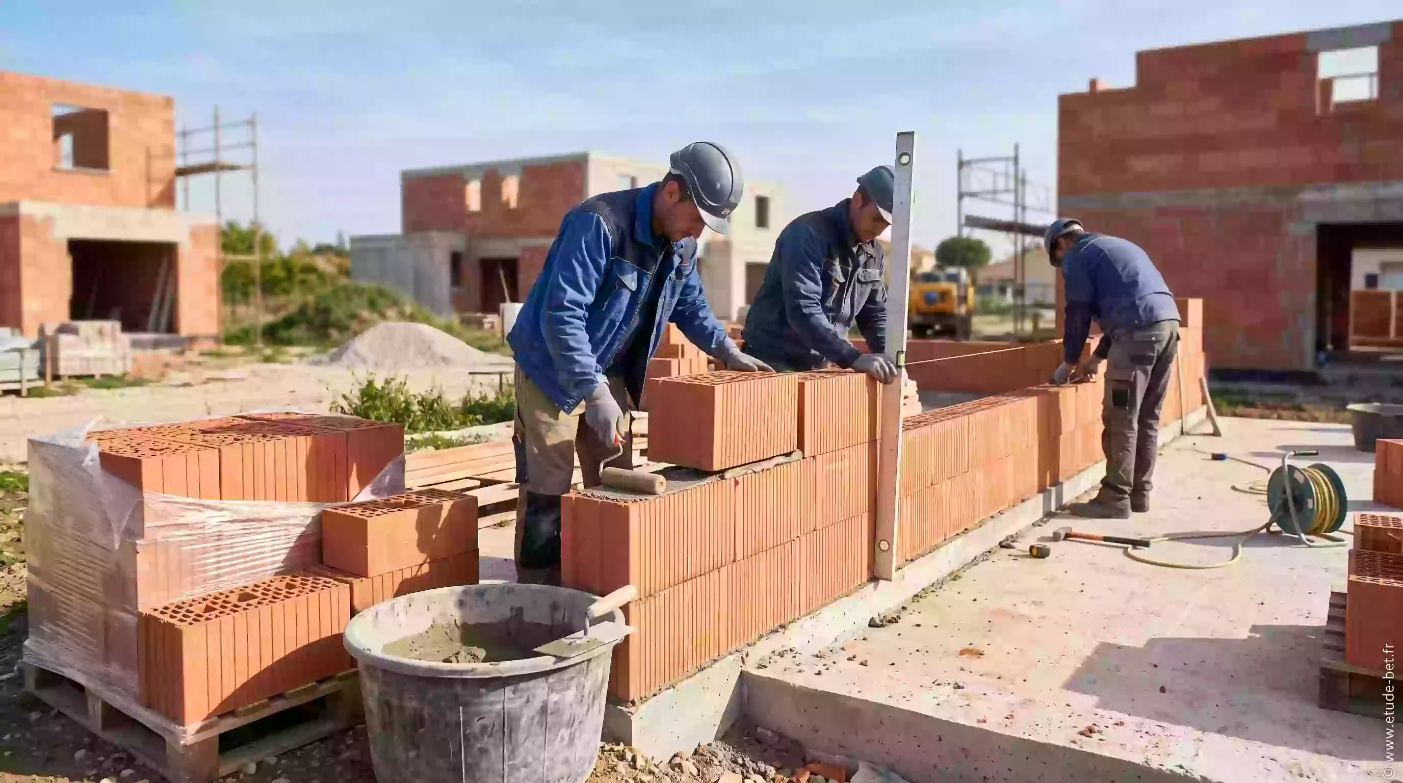 Chantier de maçonnerie à joint mince en brique monomur pour une maison re2020, pose précise au mortier-colle