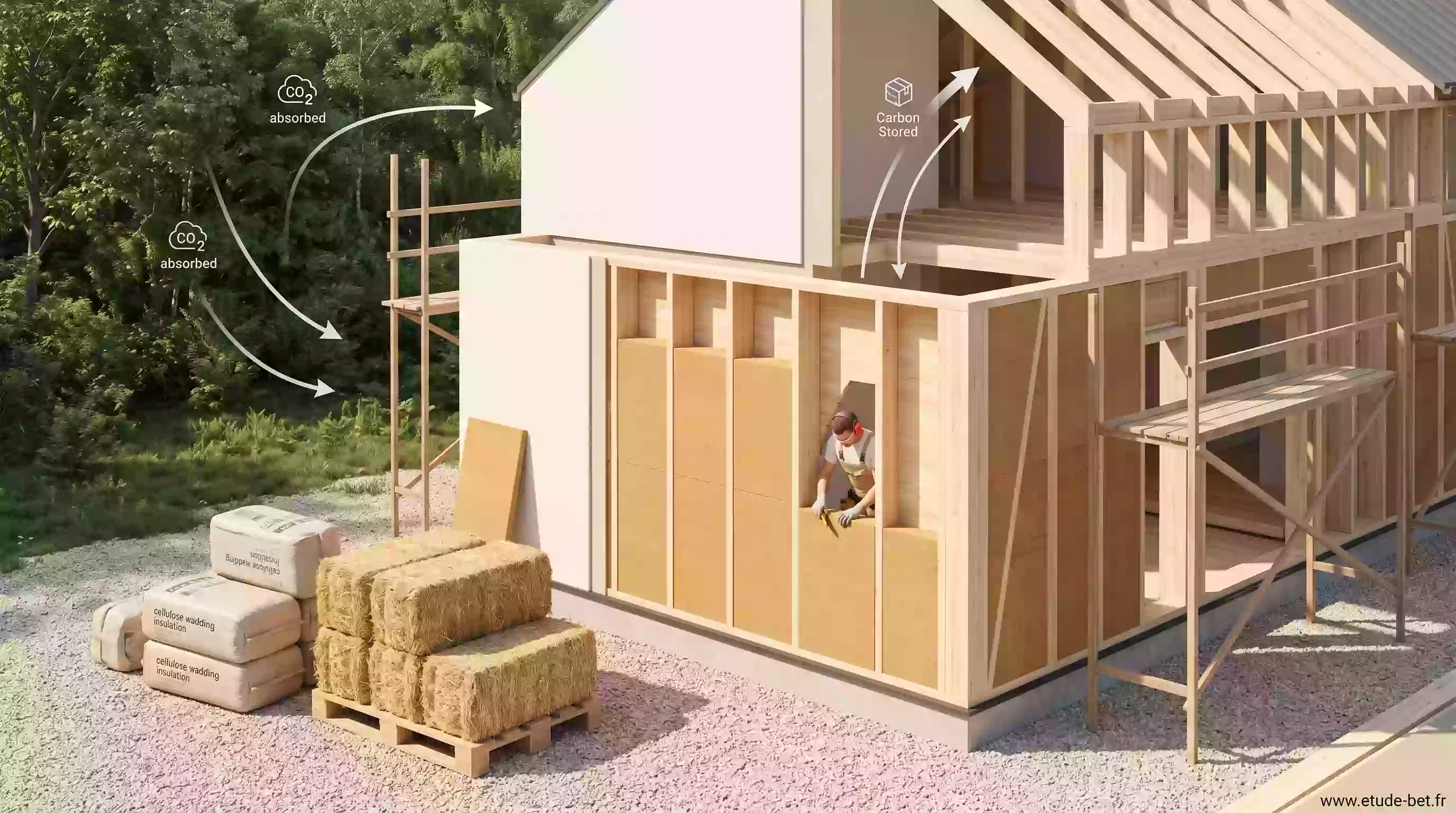 Chantier de maison à ossature bois isolée en laine de bois, illustrant le stockage carbone du label bâtiment biosourcé