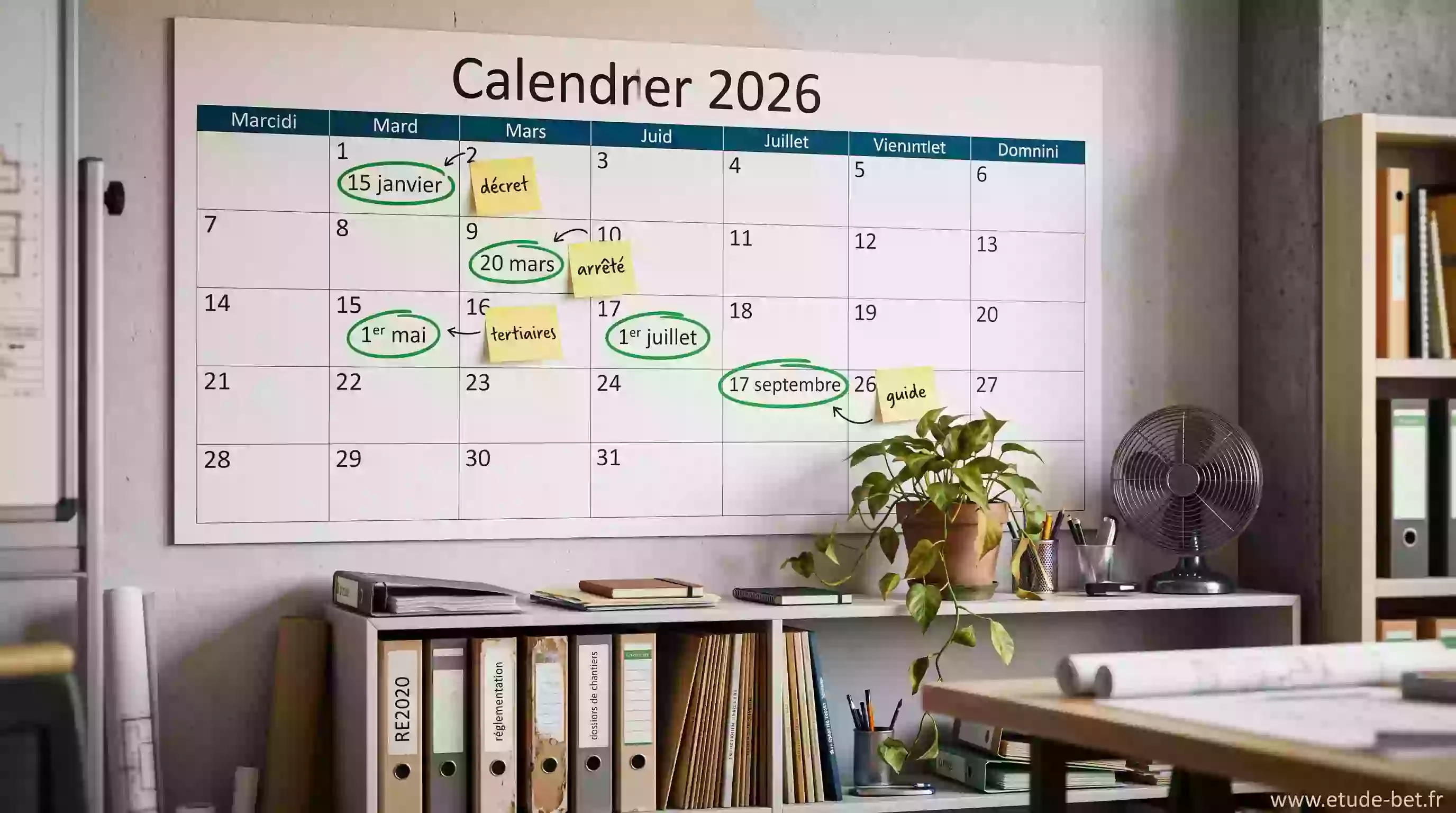 Calendrier mural 2026 annoté des dates clés de la re2020 : décrets de janvier et mars, 1er mai et 1er juillet 2026
