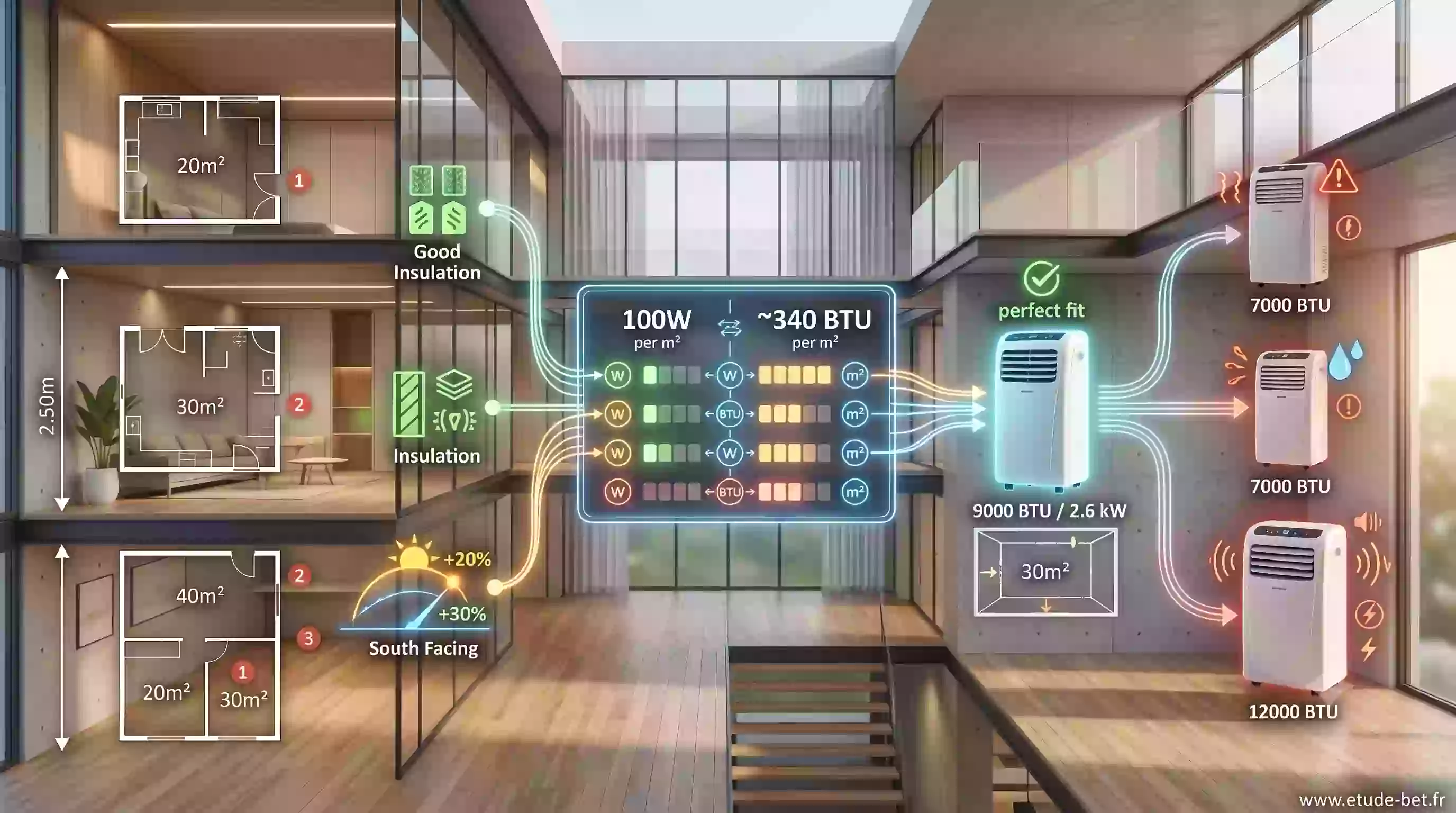 Repère de dimensionnement d'un climatiseur mobile en BTU selon la surface