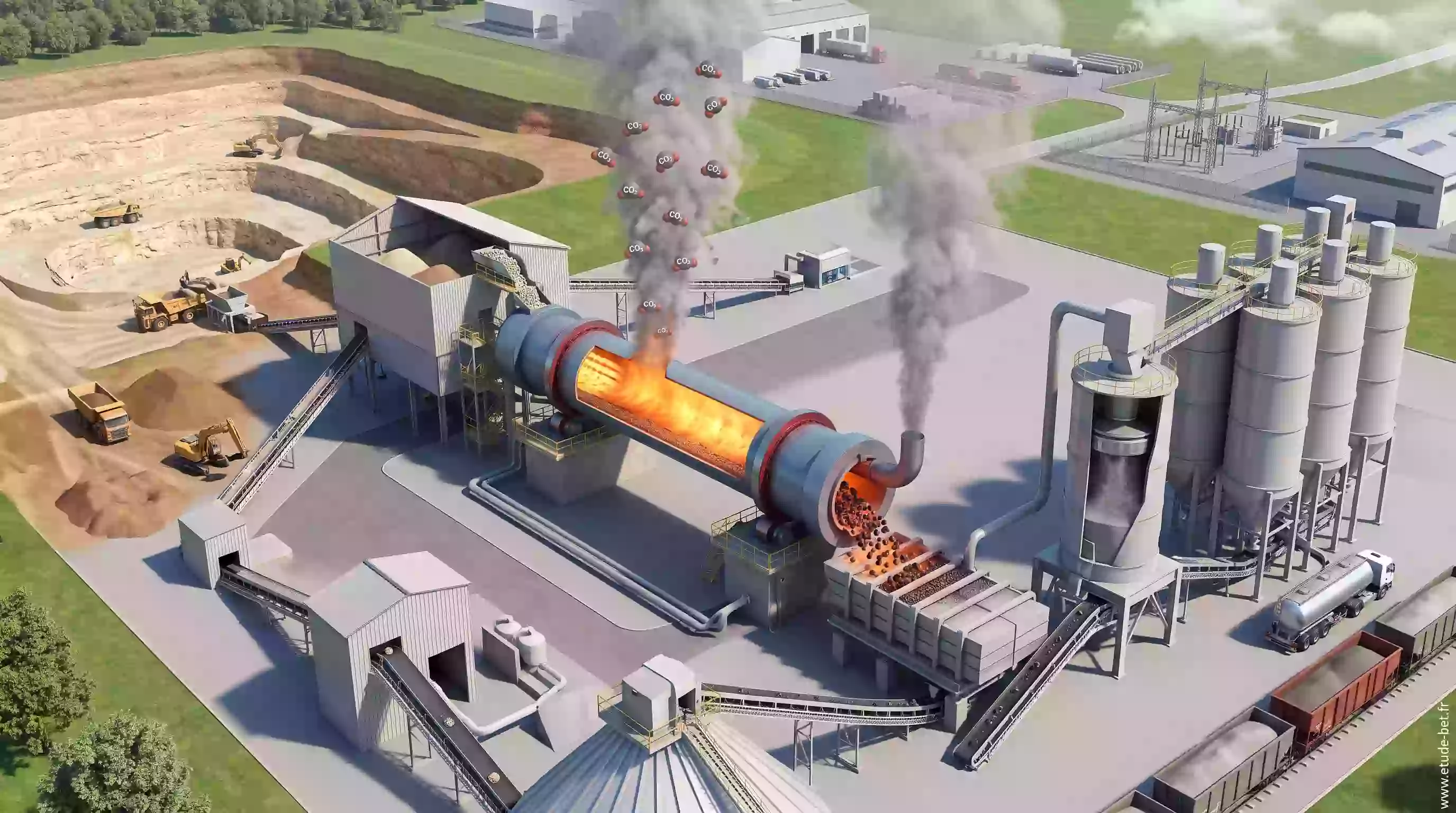 Four rotatif de cimenterie produisant du clinker, principale source des émissions de CO2 du béton en re2020