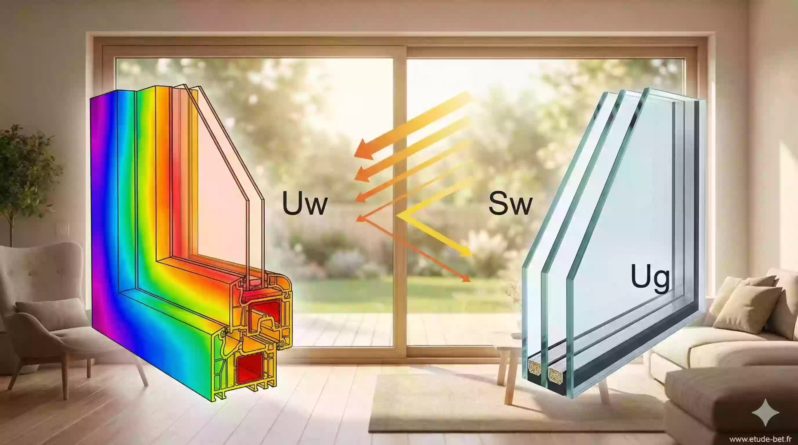 Schéma explicatif des coefficients Uw, Ug et Sw d'une fenêtre