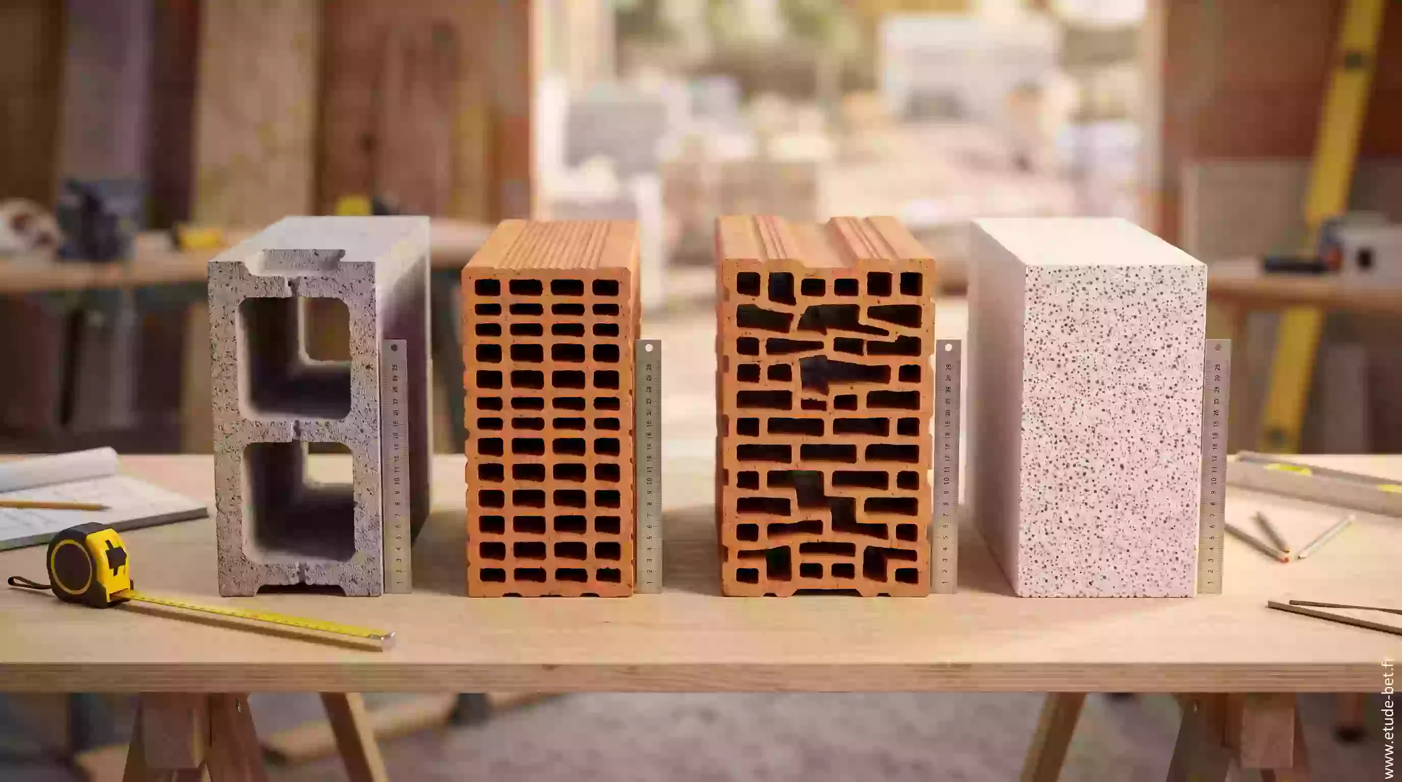 Comparaison en coupe des blocs de maçonnerie re2020 : parpaing creux, brique alvéolaire, brique monomur et béton cellulaire