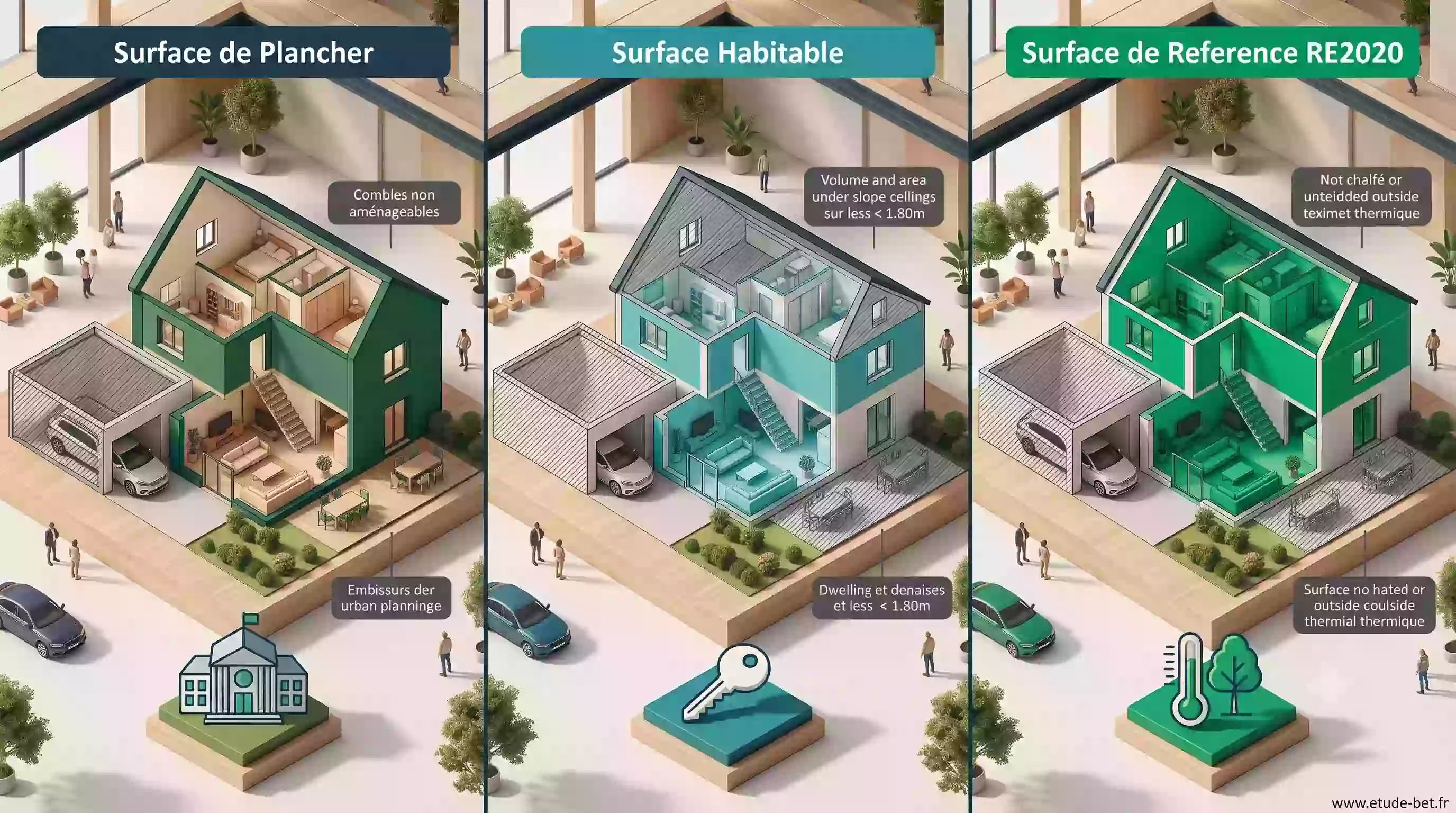 Schéma comparatif des trois surfaces du bâtiment : surface de plancher, surface habitable et surface de référence re2020