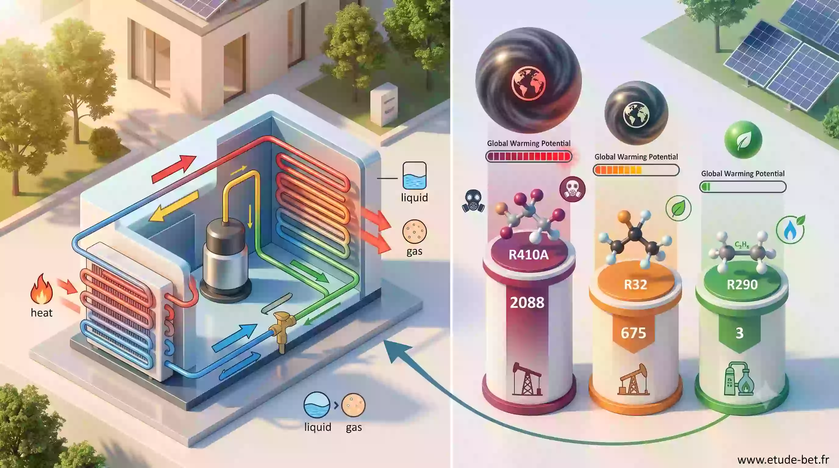 Comparatif du potentiel de réchauffement global des fluides frigorigènes R410A, R32 et r290