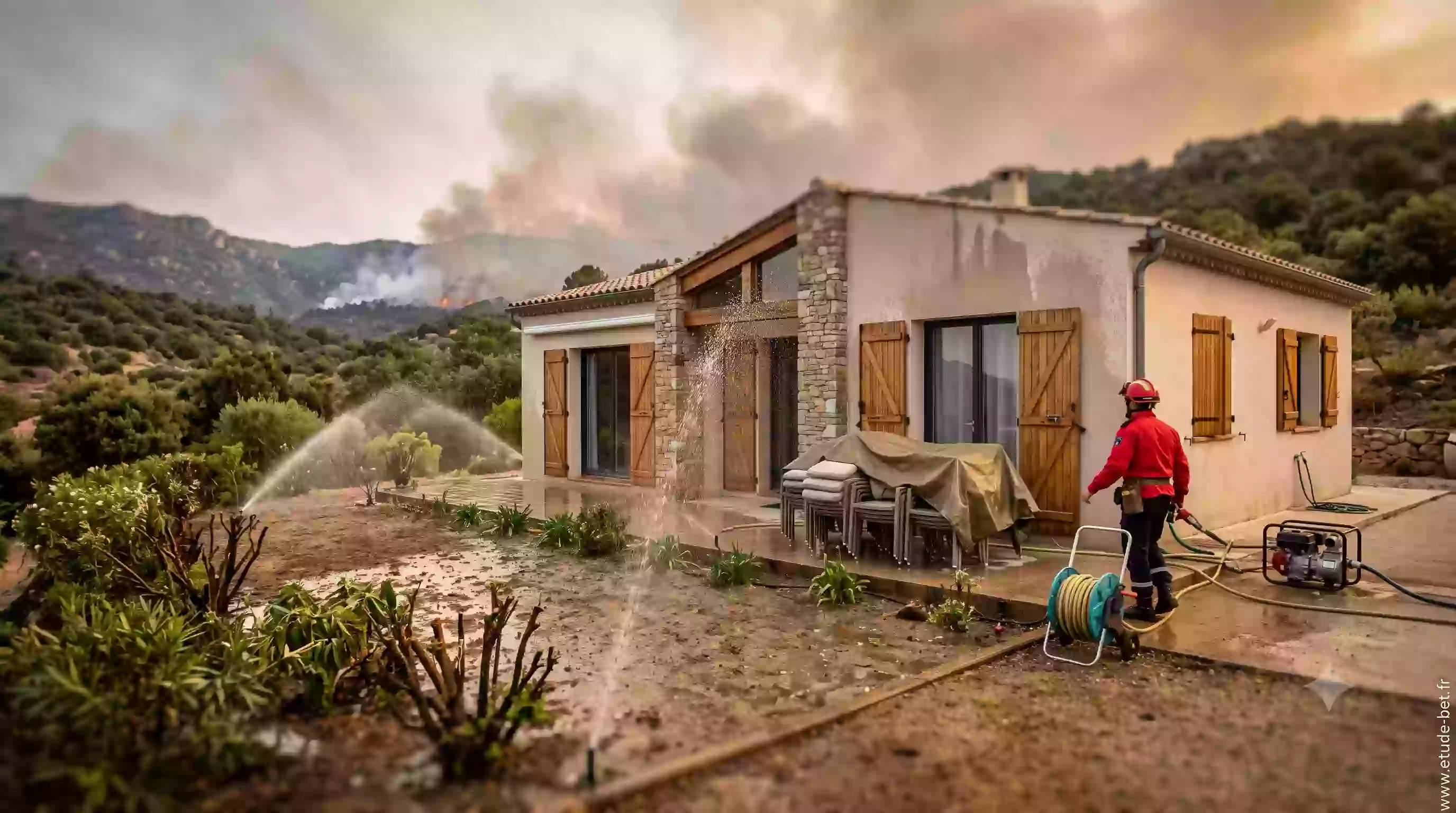 Maison volets fermés confinée pendant le passage d'un feu de forêt