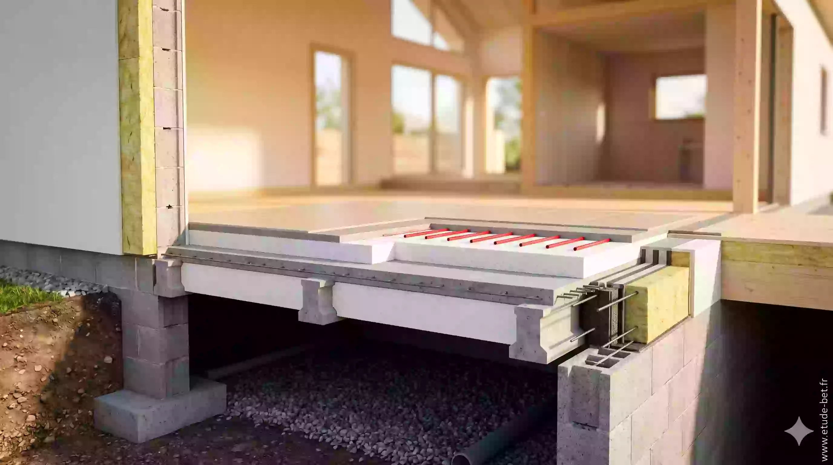 Coupe d'un plancher sur vide sanitaire en re2020 : hourdis isolants, rupteurs d'about et isolation sous face