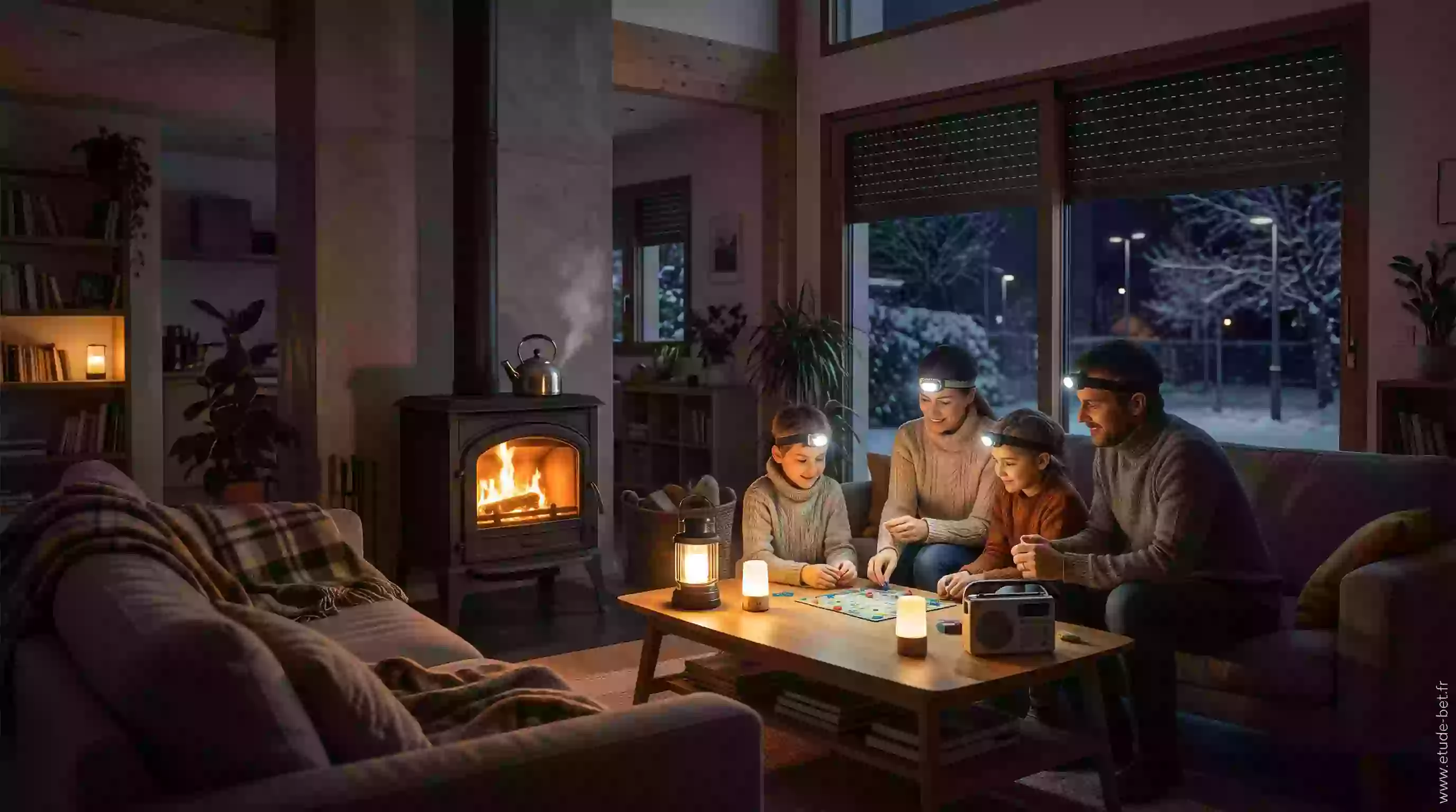 Soirée d'hiver sans électricité dans une maison re2020, famille réunie autour d'un poêle à bois, lampes à piles