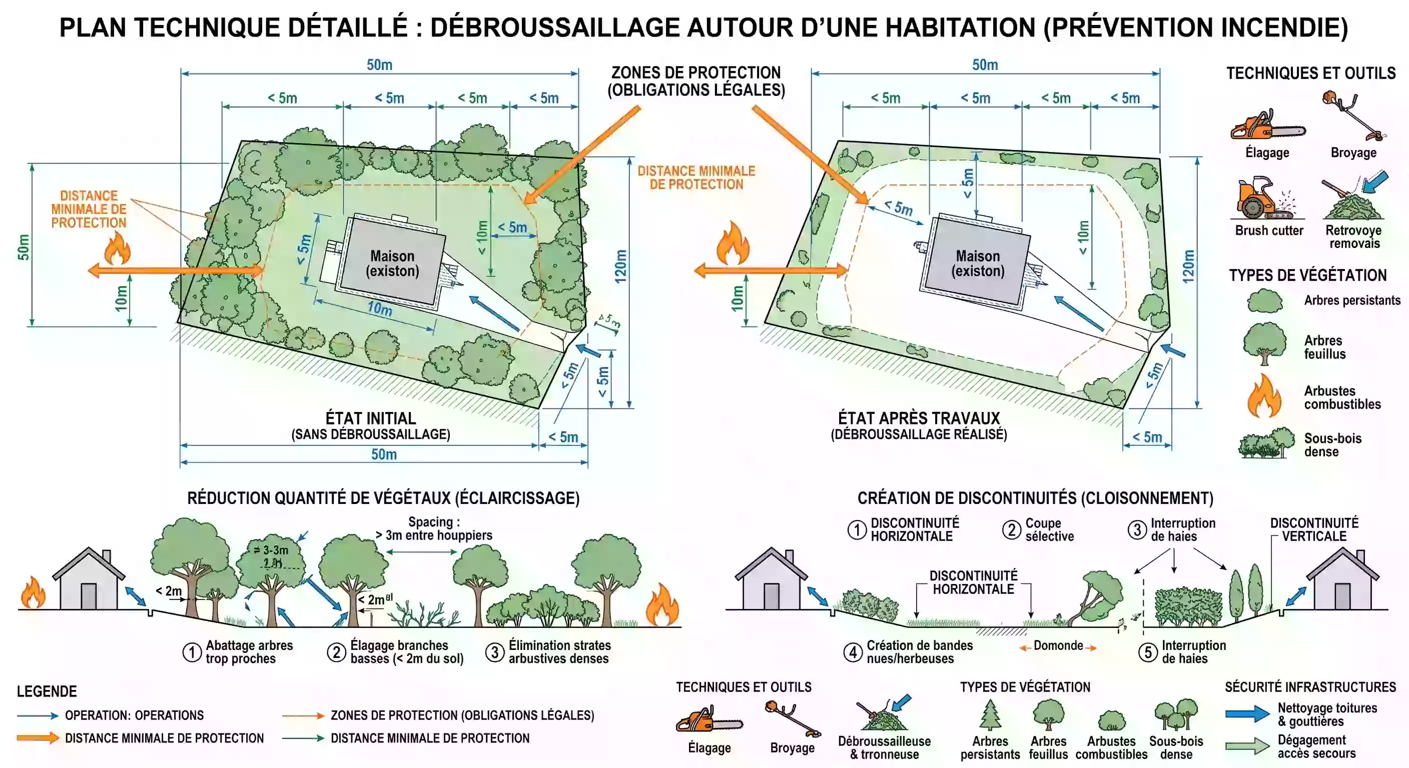 Terrain débroussaillé autour d'une habitation avant la saison des feux de forêt
