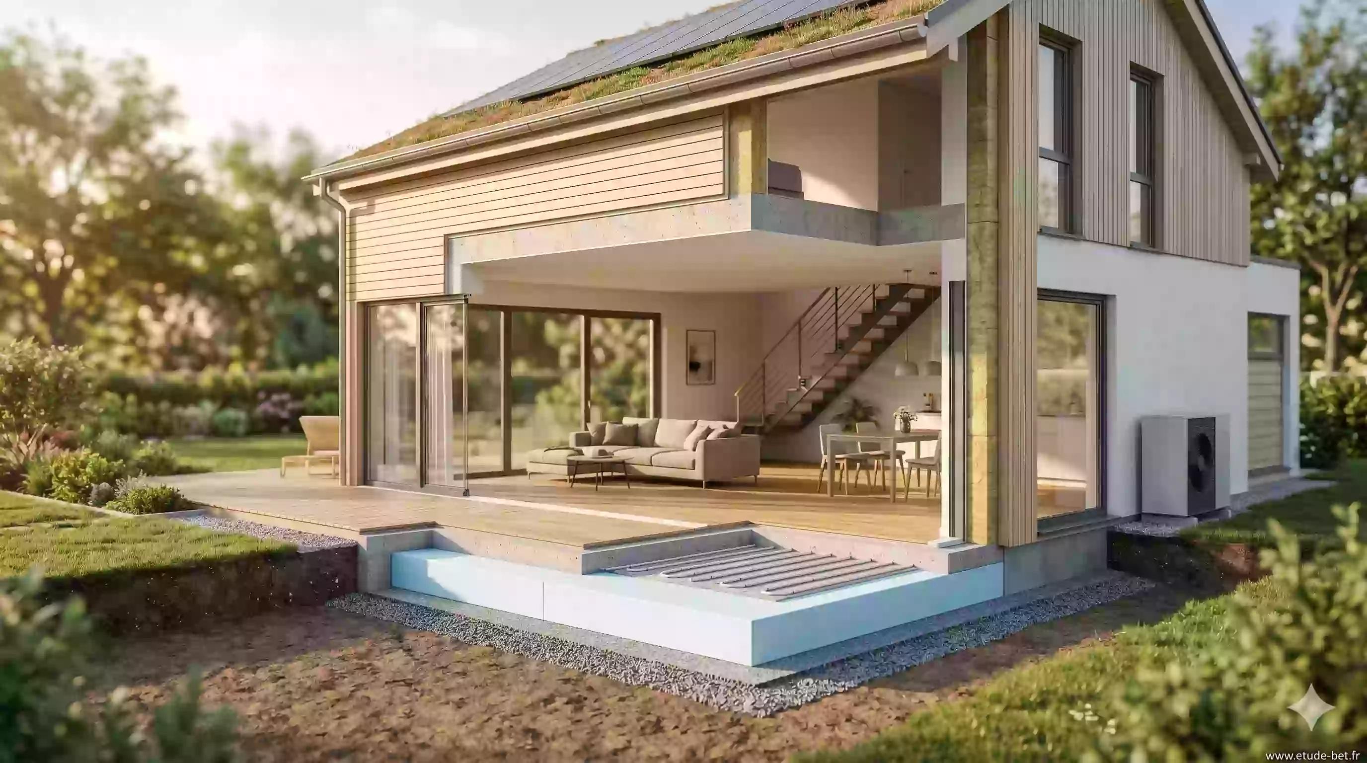 Schéma des déperditions thermiques d'une maison : le plancher bas représente 7 à 10 % des pertes