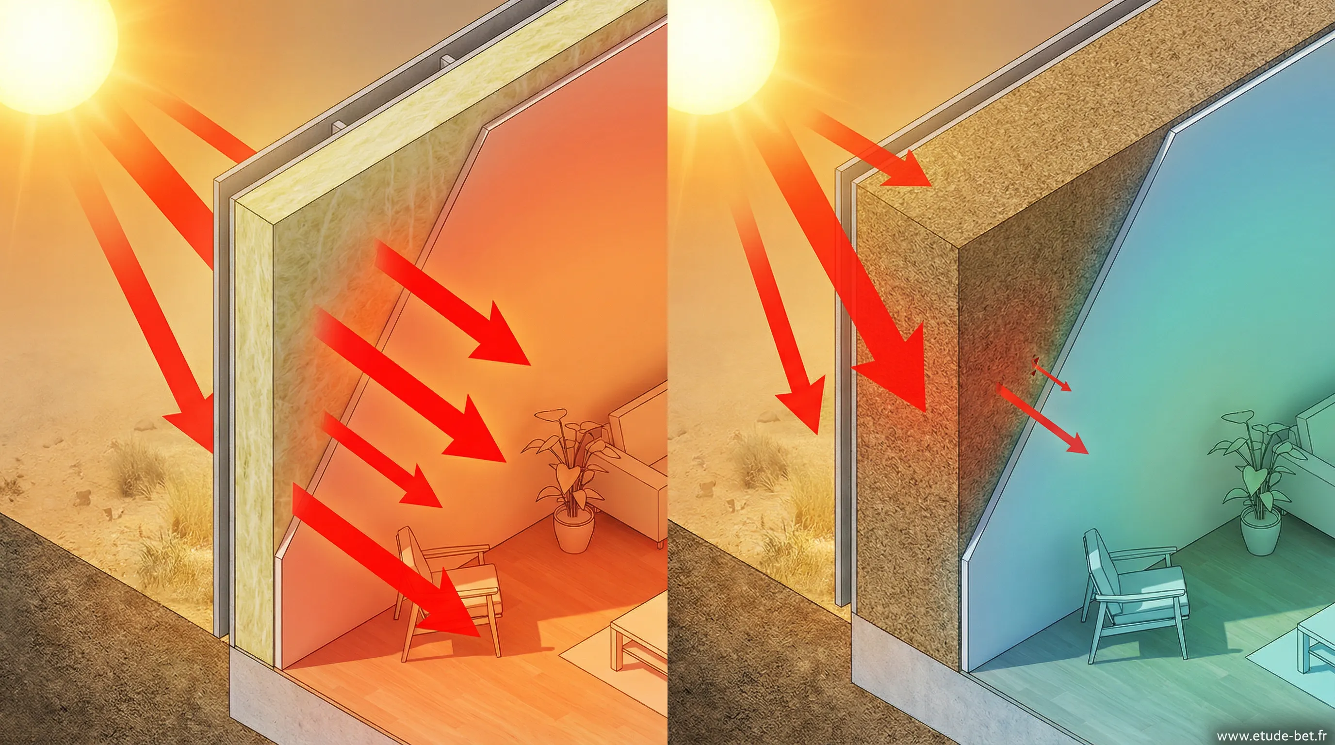 Schéma du déphasage thermique des matériaux biosourcés