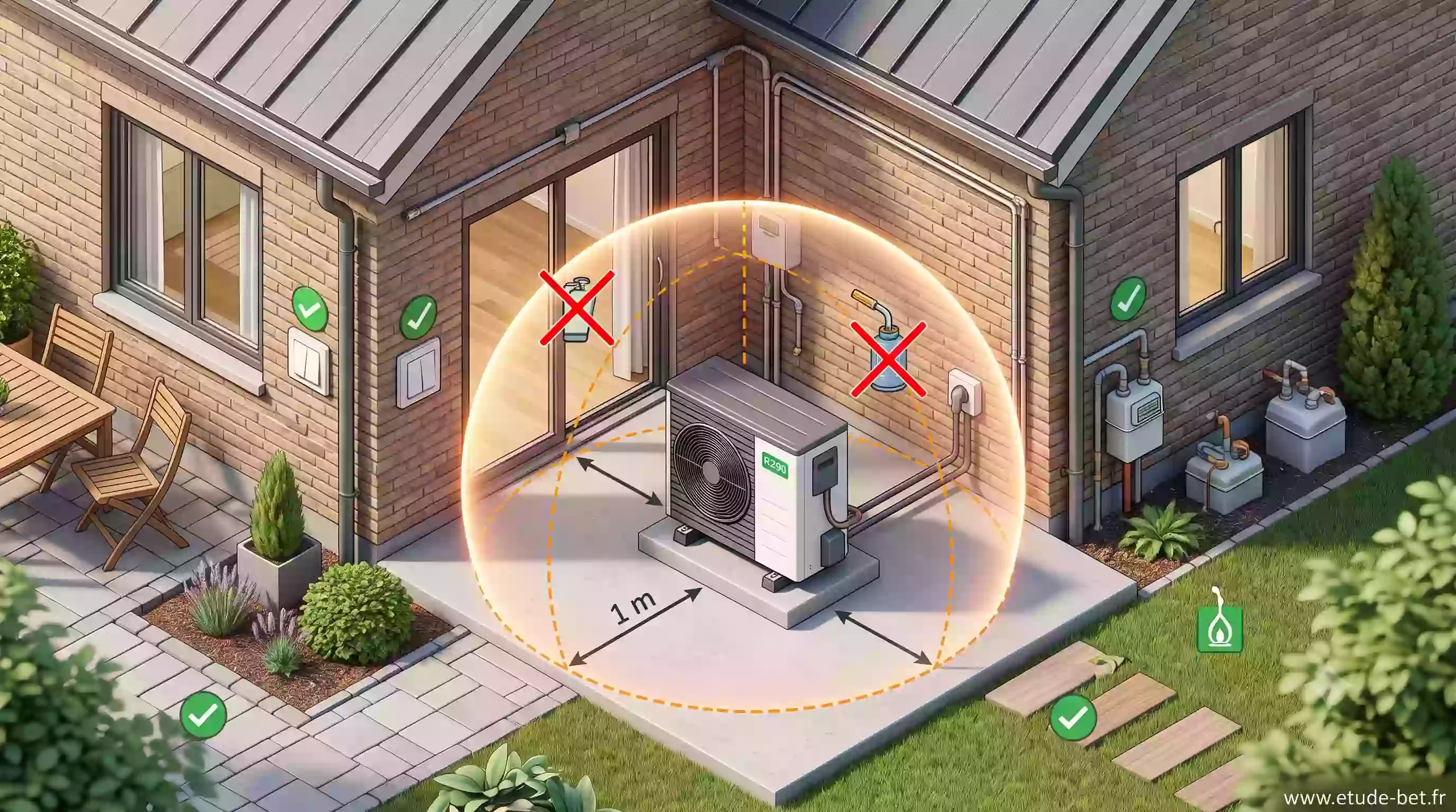 Schéma des distances de sécurité à respecter pour installer une pompe à chaleur au r290 propane