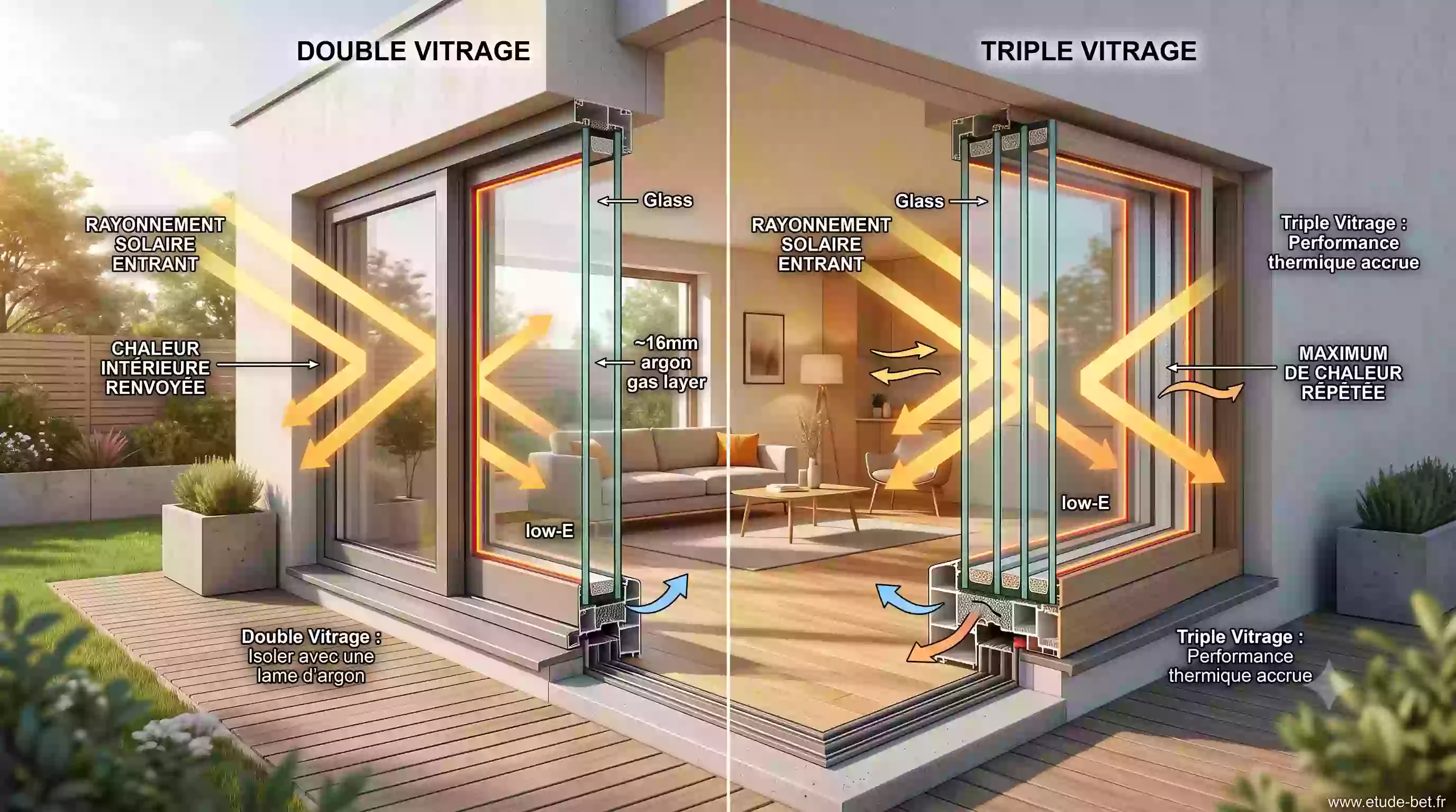 Comparaison en coupe d'un double vitrage argon et d'un triple vitrage montrant les lames de gaz et les couches faiblement émissives