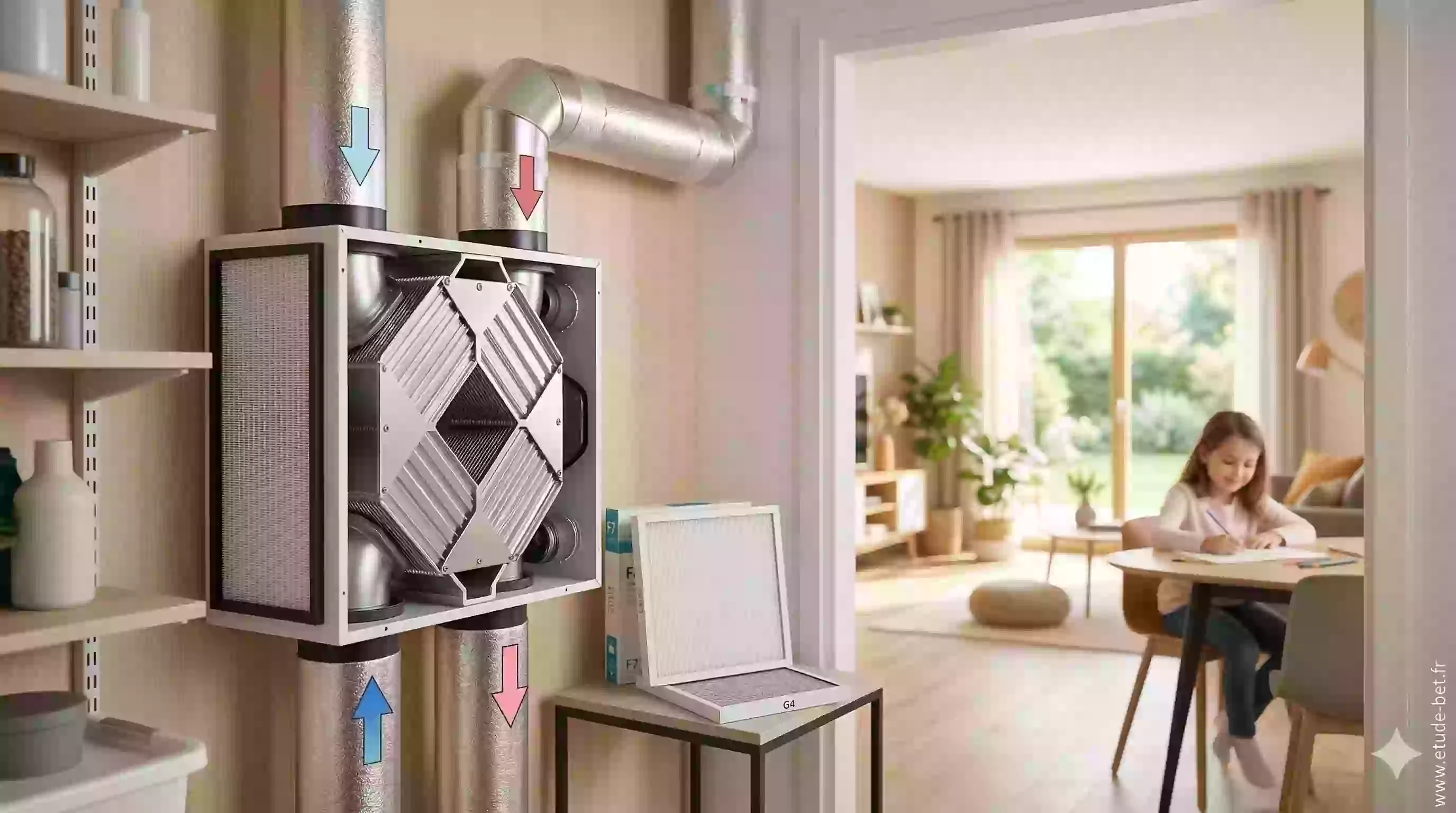 Échangeur thermique d'une VMC double flux en maison neuve re2020