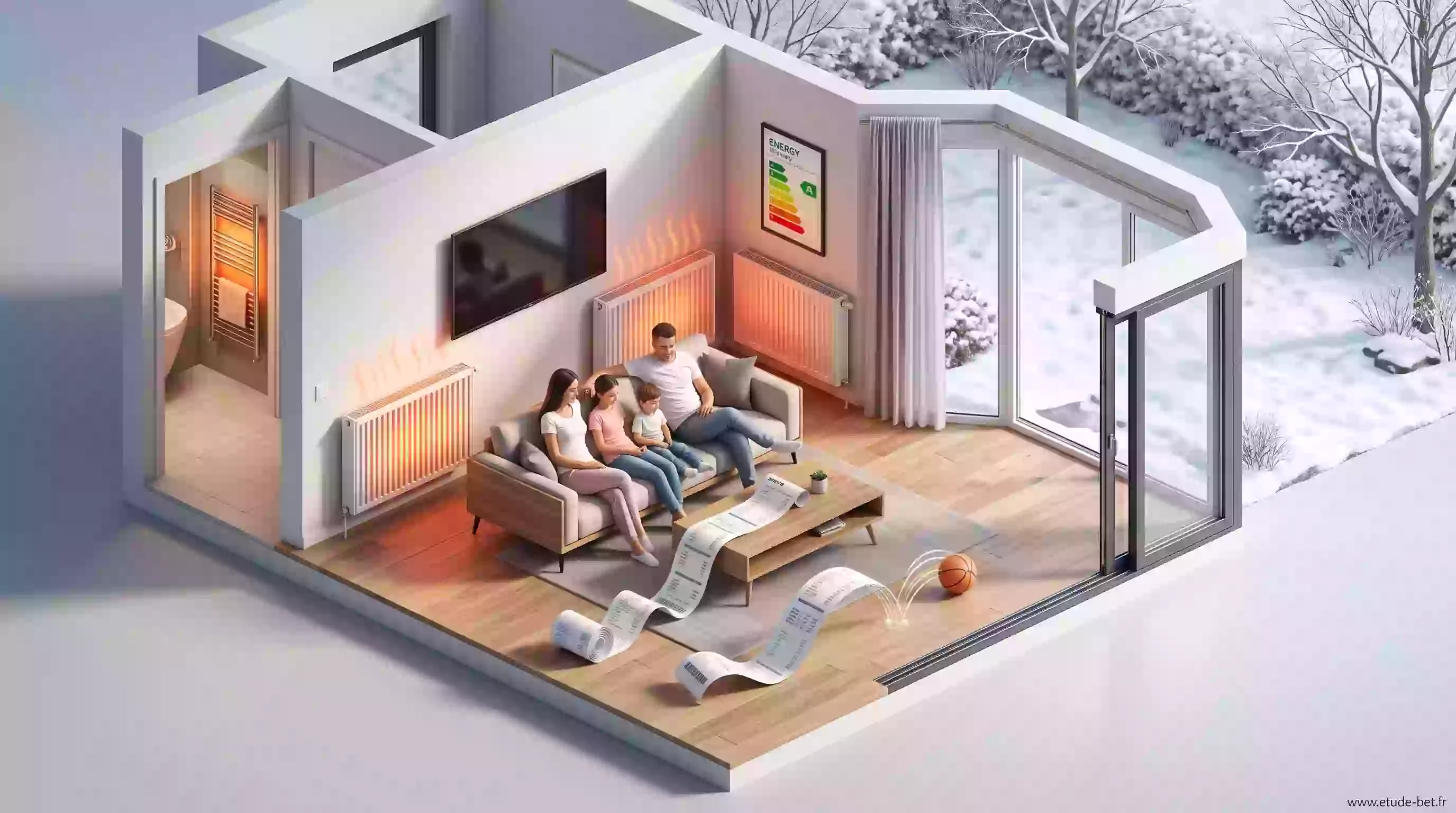 Effet rebond dans un logement neuf re2020 : famille profitant d'un confort élevé pendant que la facture d'énergie s'allonge