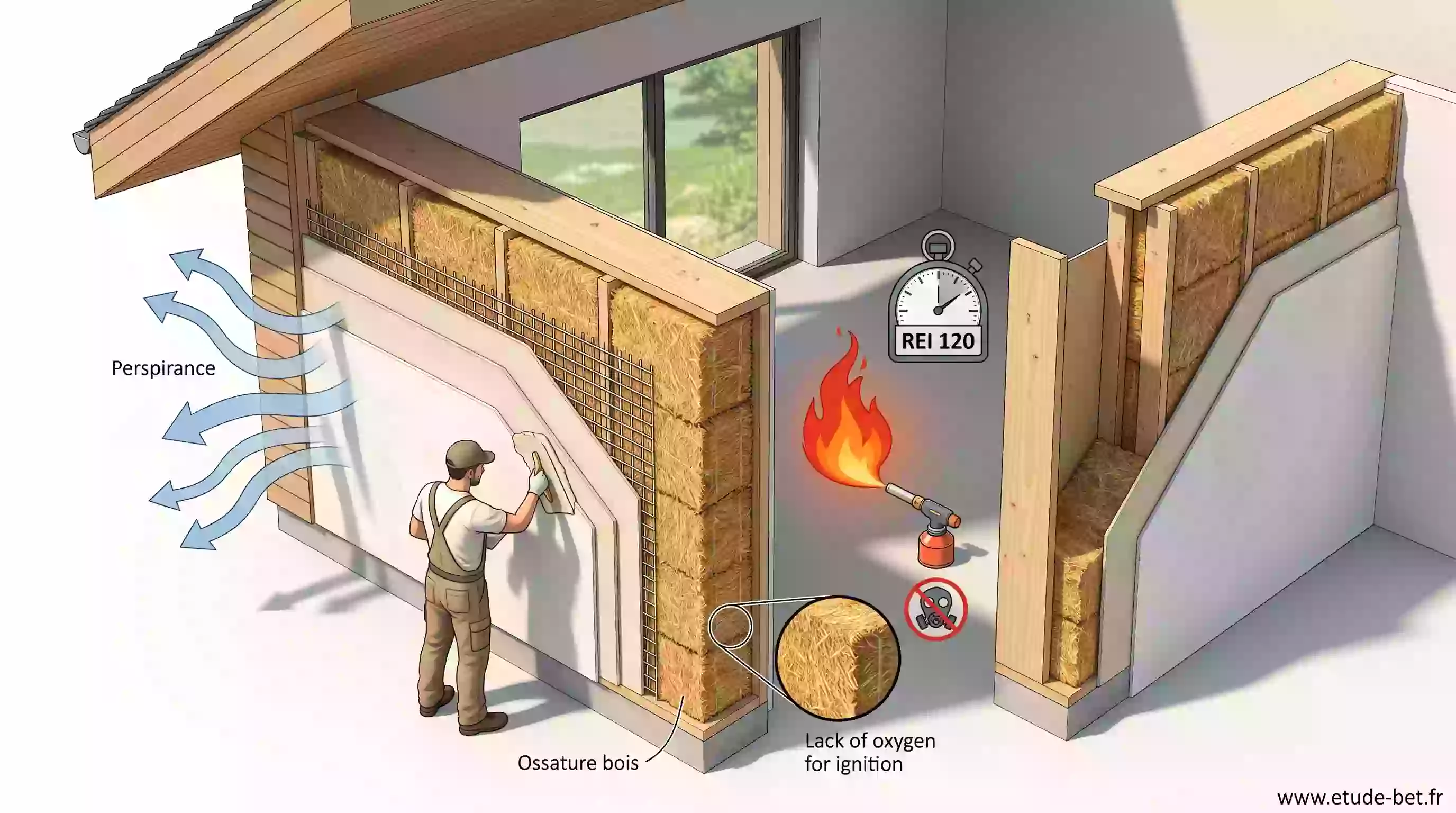 Application d'un enduit à la chaux sur un mur en bottes de paille pour la protection au feu et à l'eau