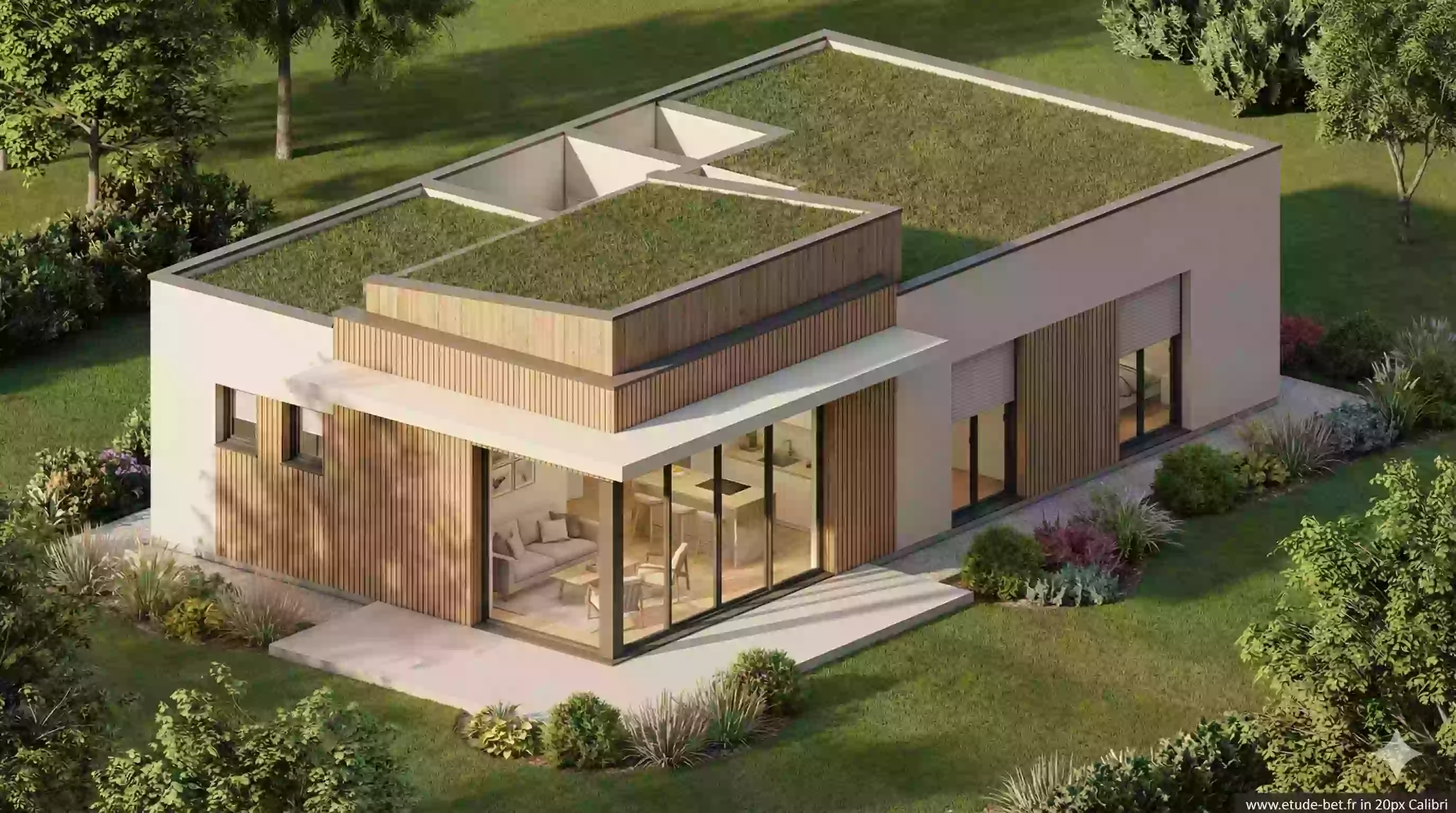 Exemple de maison bioclimatique conforme re2020 avec protections solaires