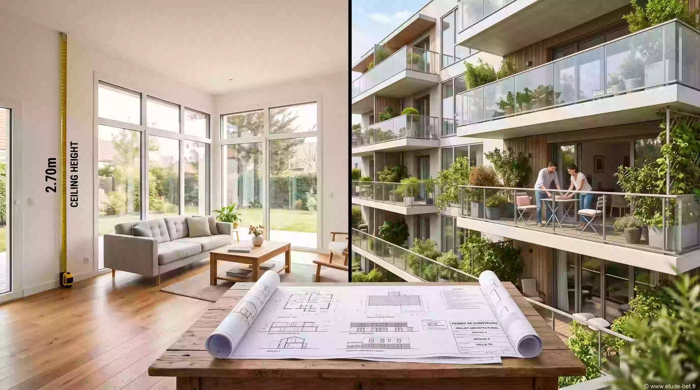 Séjour de maison neuve à 2,70 m de hauteur sous plafond et immeuble à grands balcons illustrant les modulations re2020