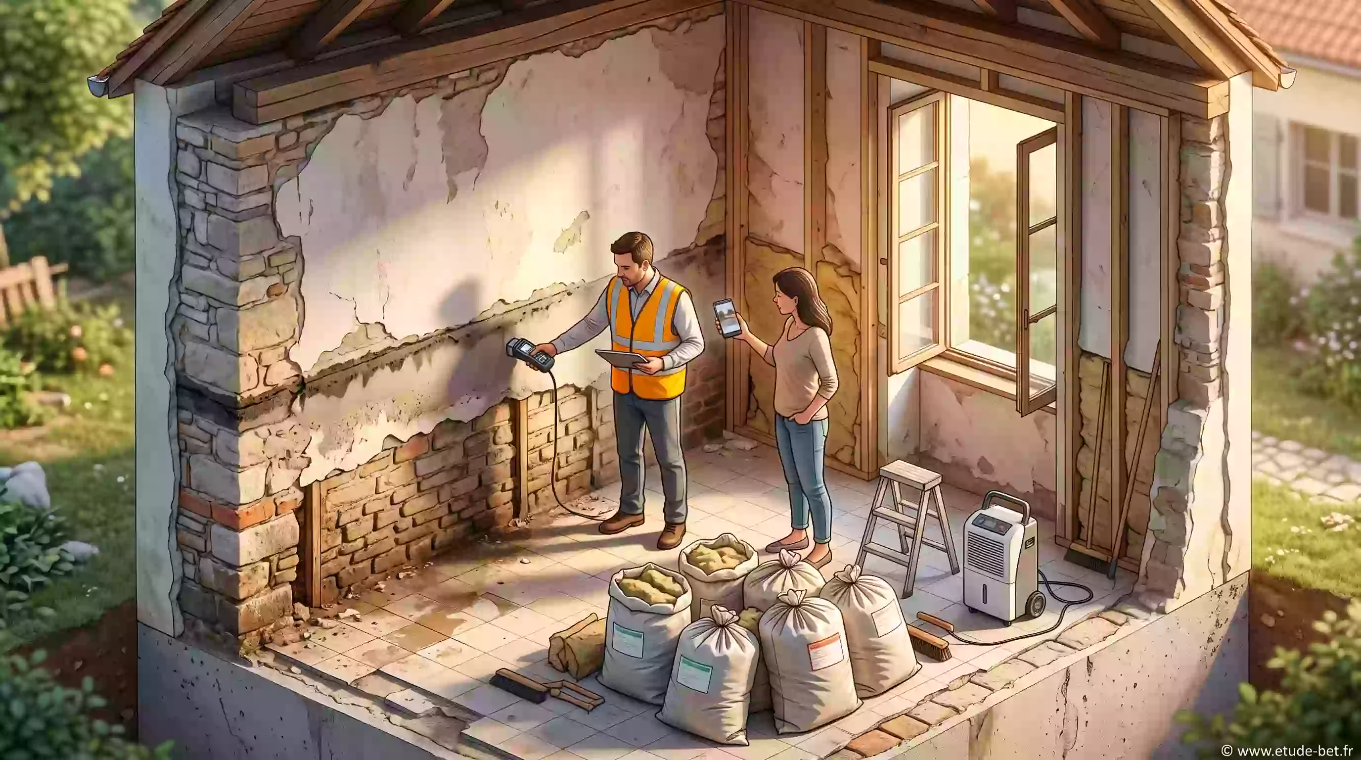 Expert d'assurance contrôlant l'humidité d'un mur et l'état de l'isolation dans une maison après inondation