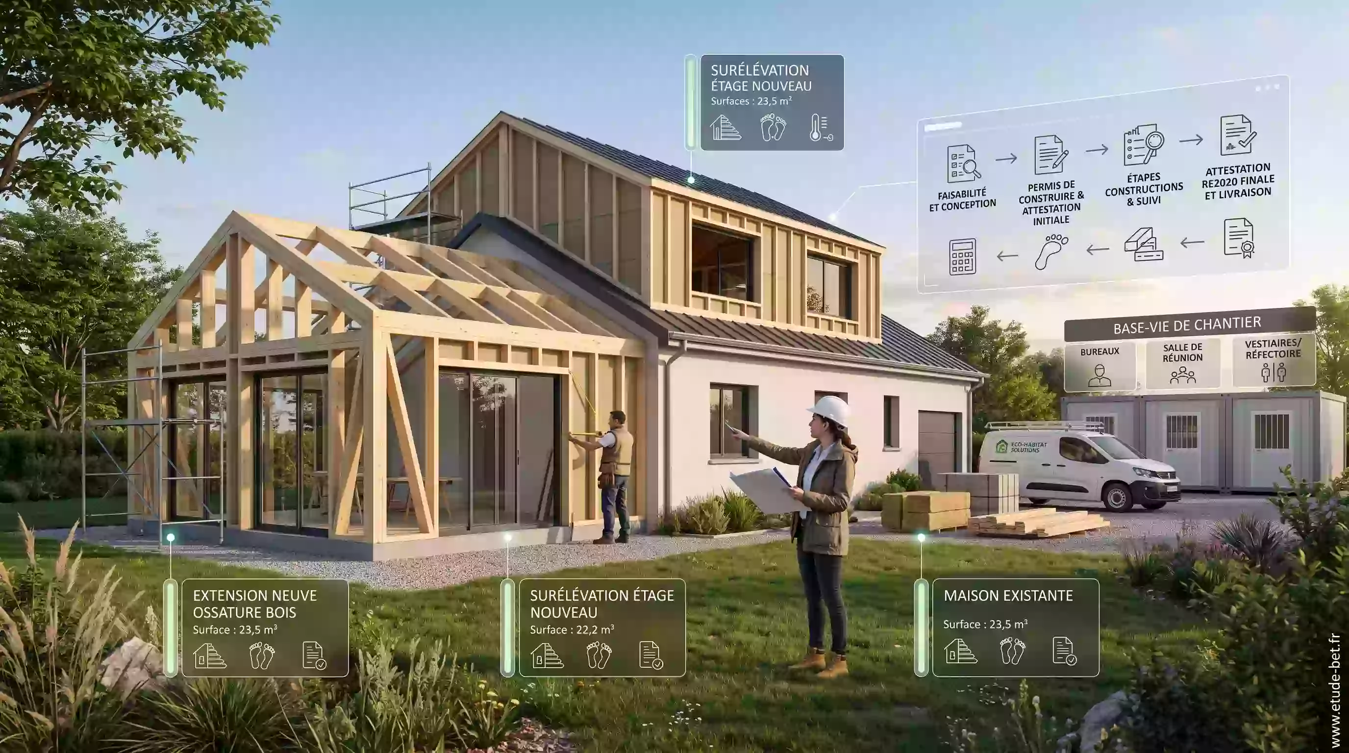 Extension et surélévation d'une maison individuelle soumises aux régimes re2020 décrits par la fiche d'application FA03