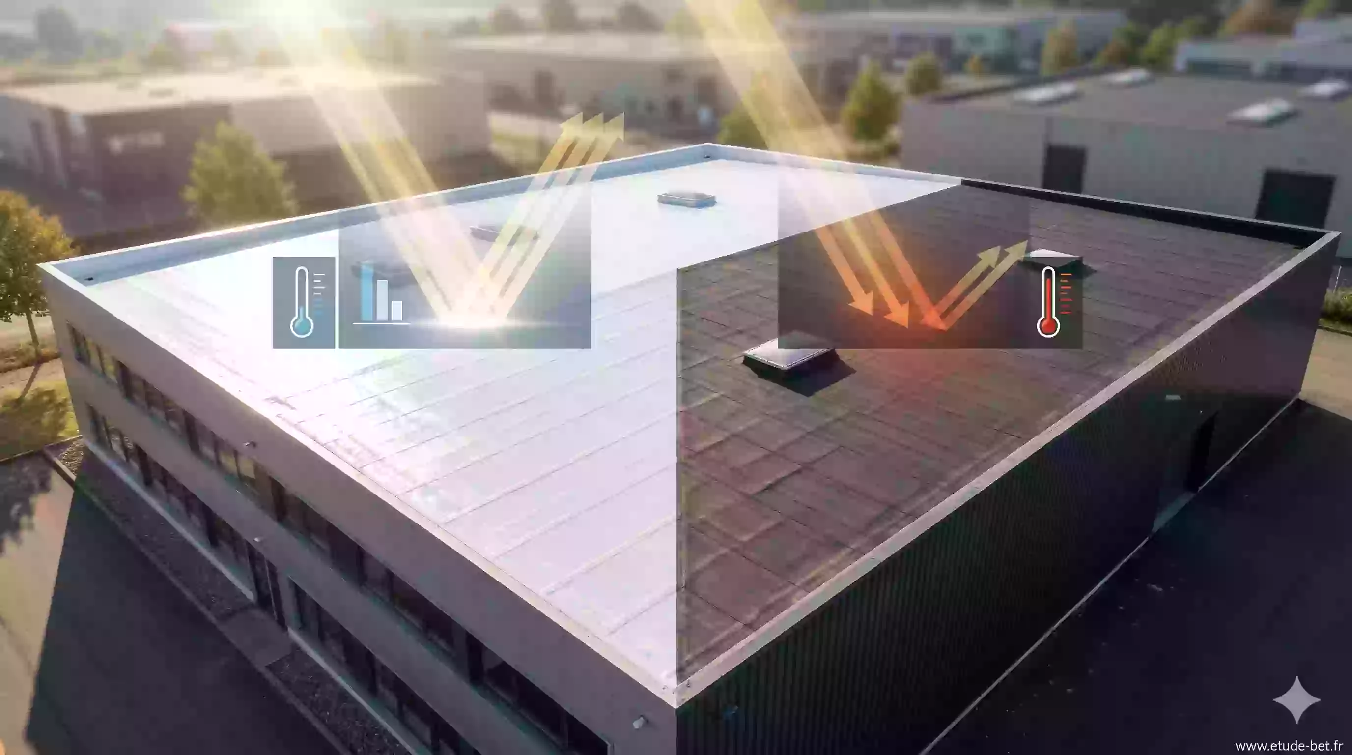 Schéma de l'effet d'une peinture réfléchissante sur le facteur solaire d'une toiture