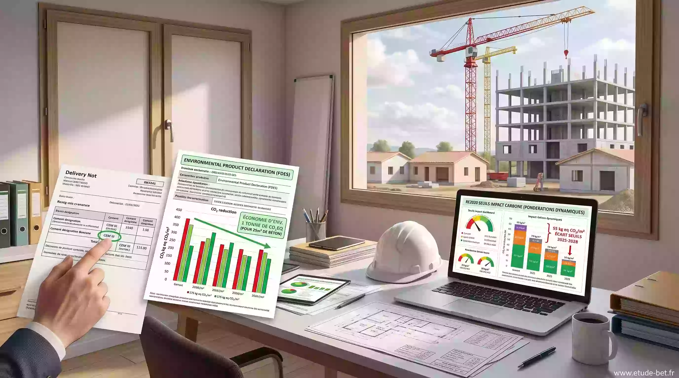 Bon de livraison et FDES d'un béton bas carbone comparés à l'étude re2020 lors de l'attestation de fin de chantier