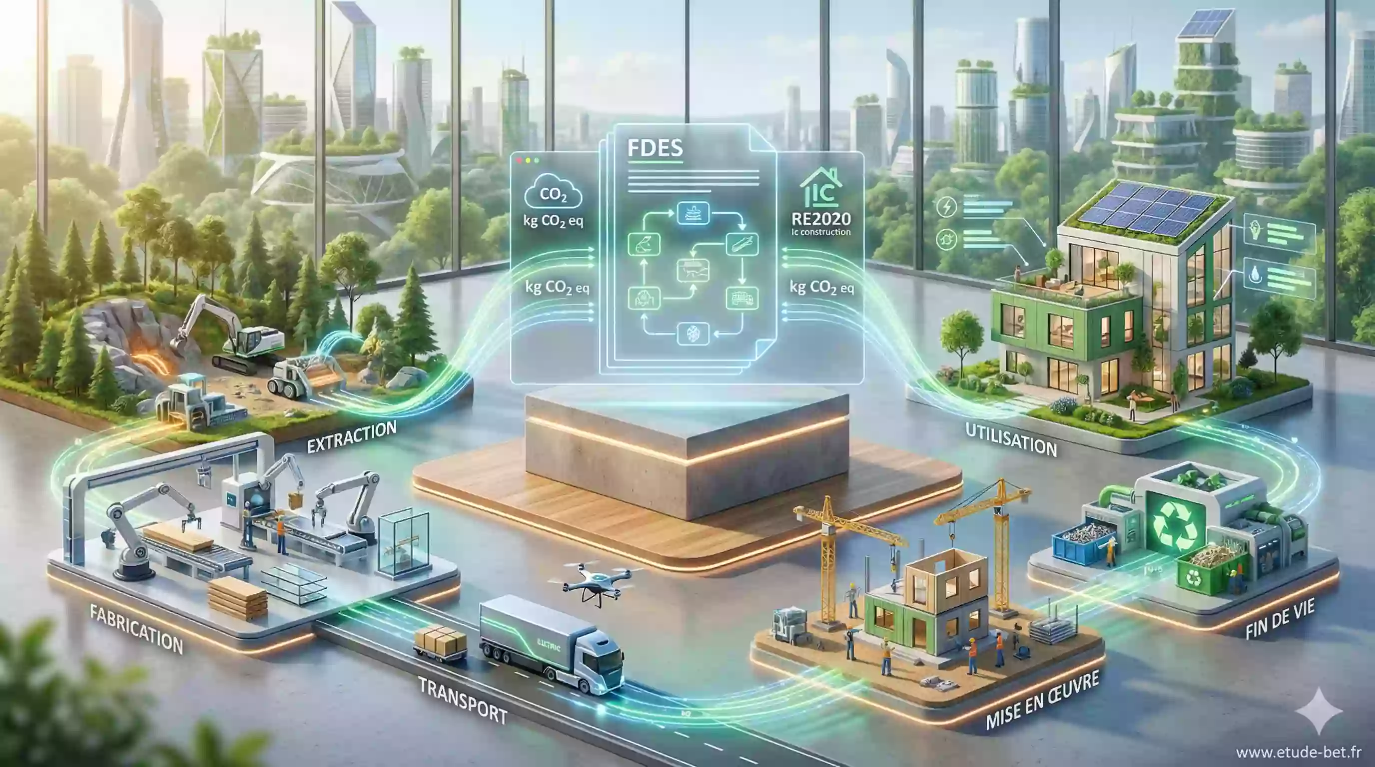 Schéma du cycle de vie d'un produit analysé dans une FDES
