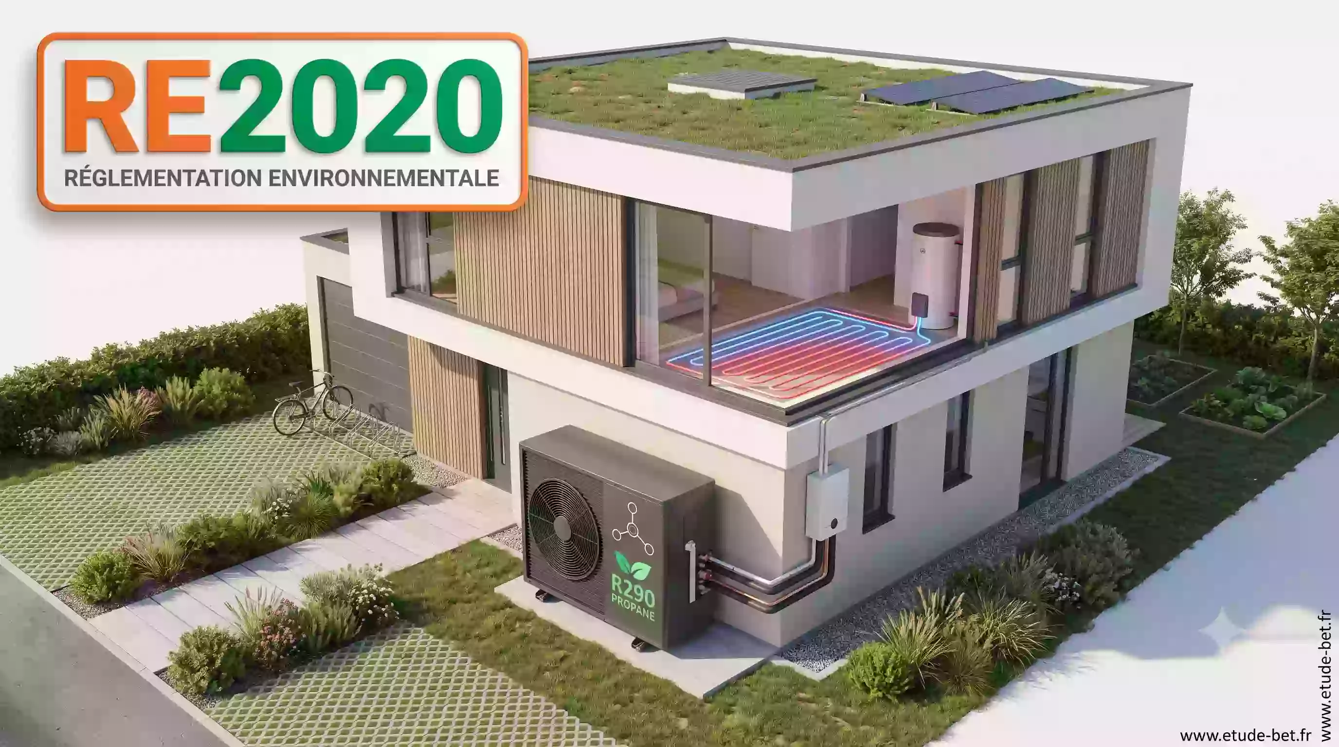 Pompe à chaleur monobloc fonctionnant au fluide frigorigène r290 propane installée en façade d'une maison neuve re2020
