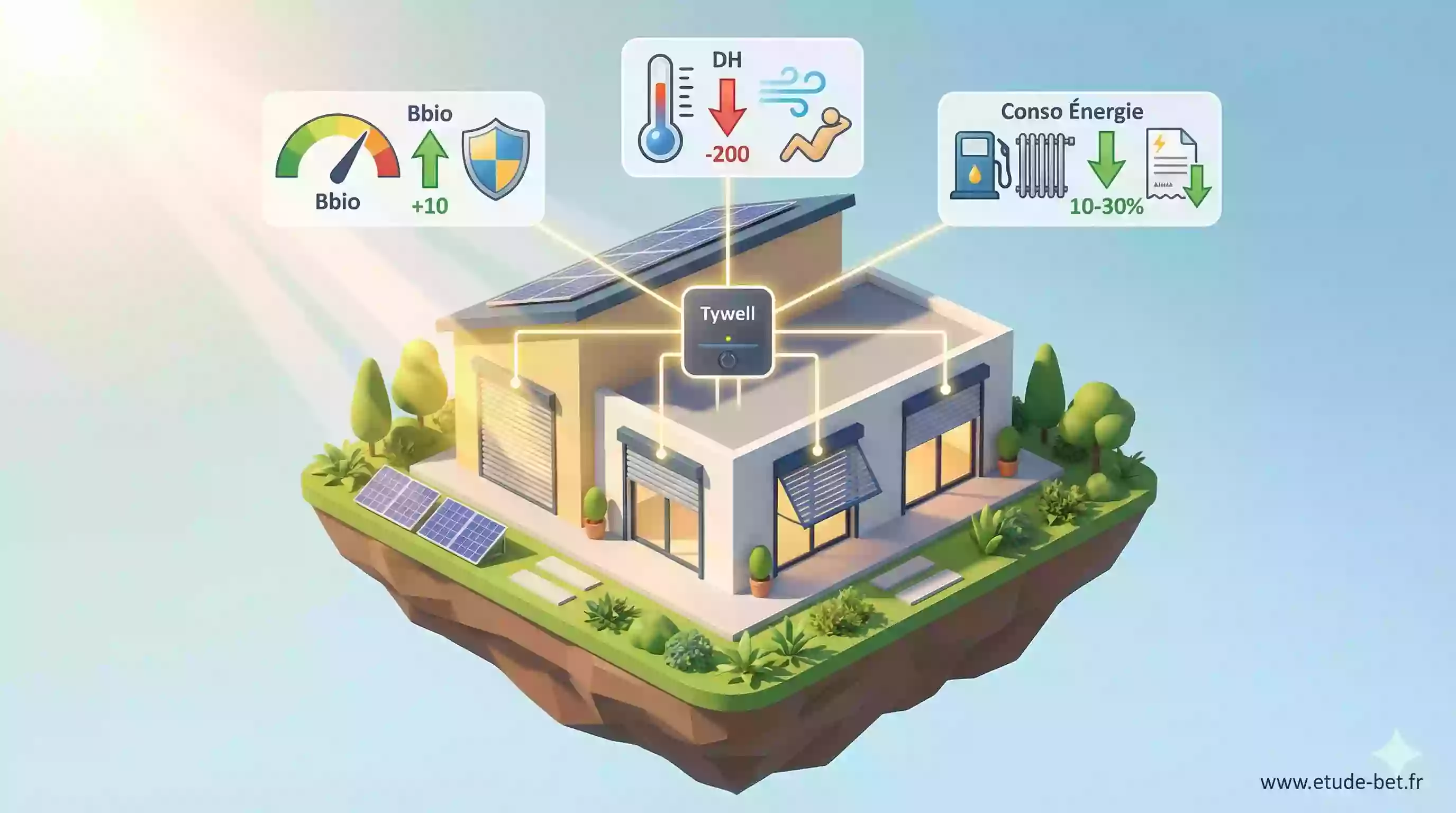 Graphique des gains apportés par Tywell sur les indicateurs Bbio, DH et consommation énergétique