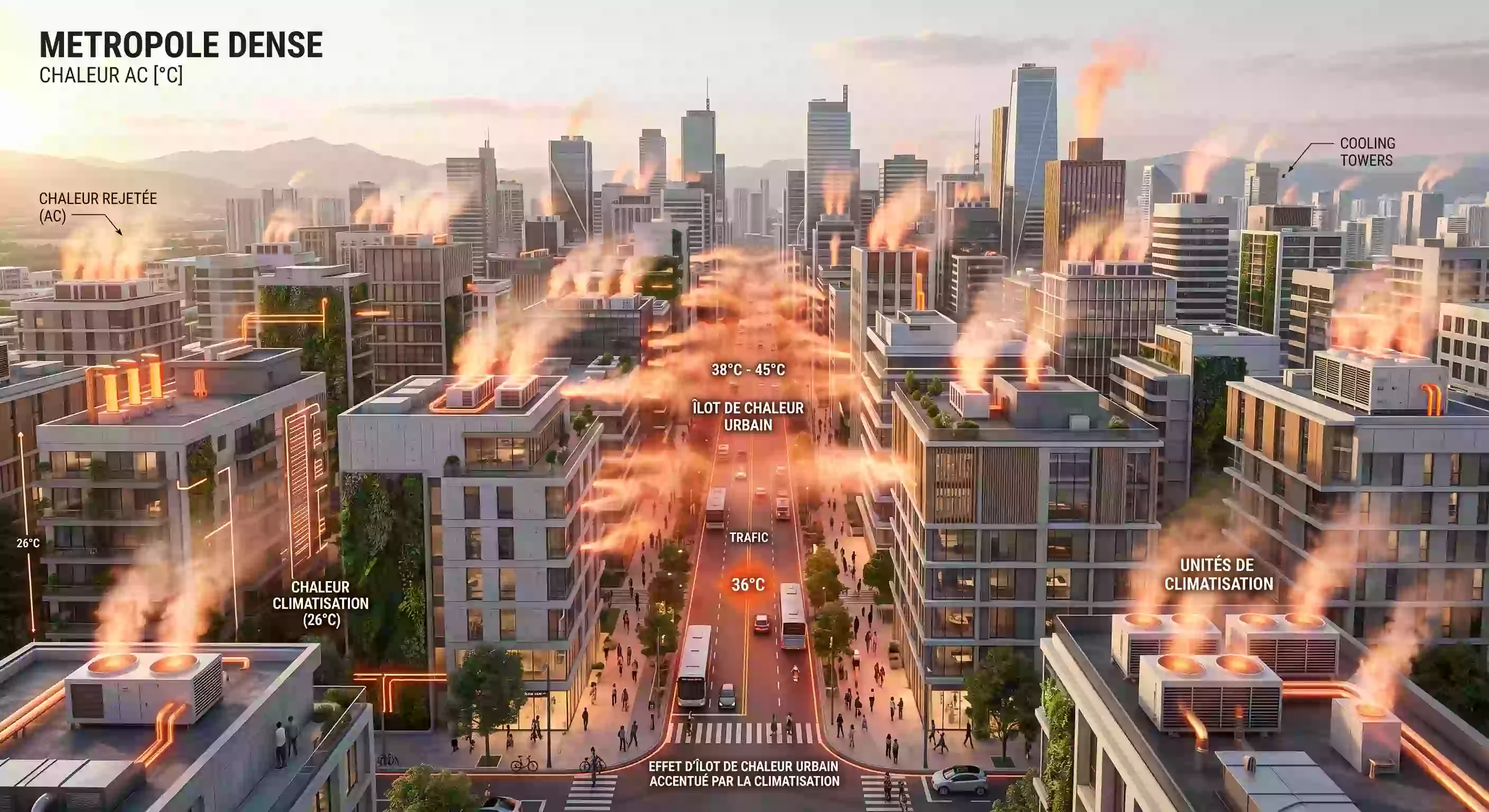 Illustration de l'effet d'îlot de chaleur urbain accentué par la climatisation en ville