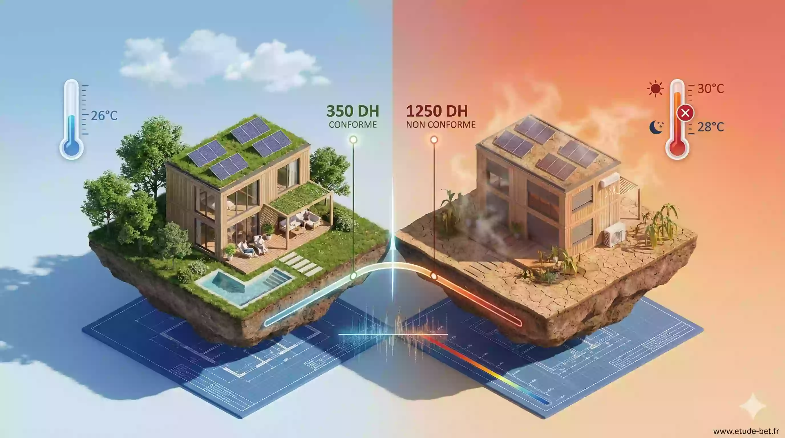 Schéma explicatif des seuils DH en re2020 : 350 DH conforme, 1250 DH maximum