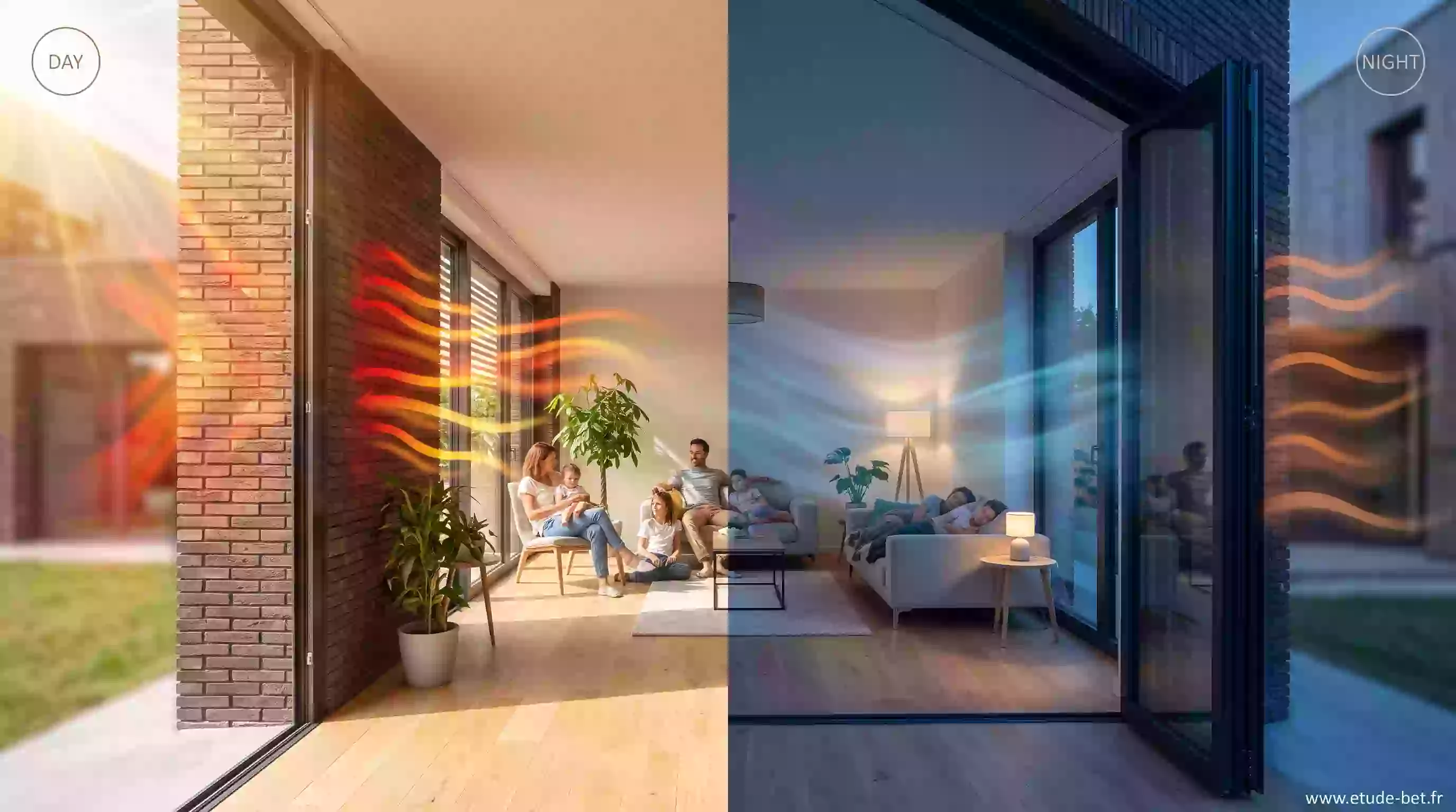 Inertie thermique d'un mur en brique pour le confort d'été re2020, stockage de la chaleur le jour et restitution la nuit