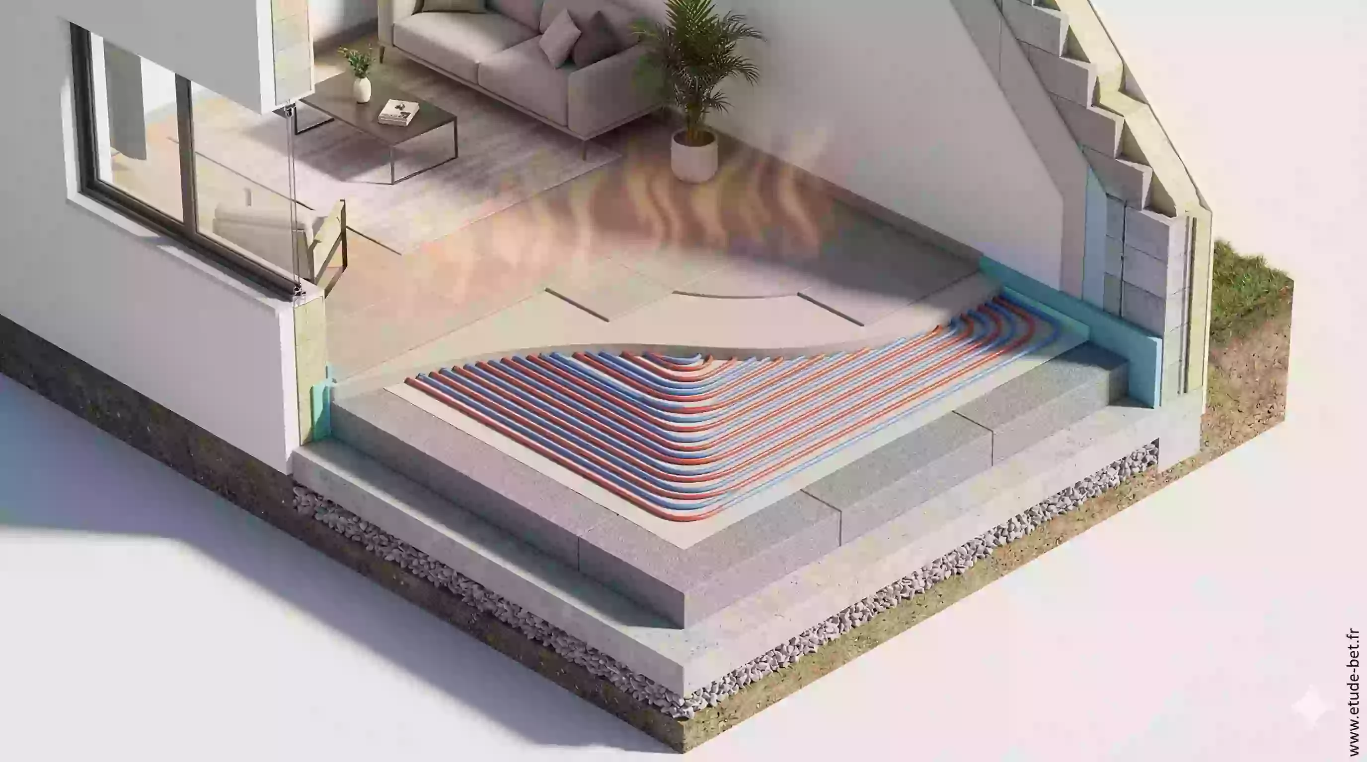 Isolation du plancher bas sous plancher chauffant hydraulique en re2020