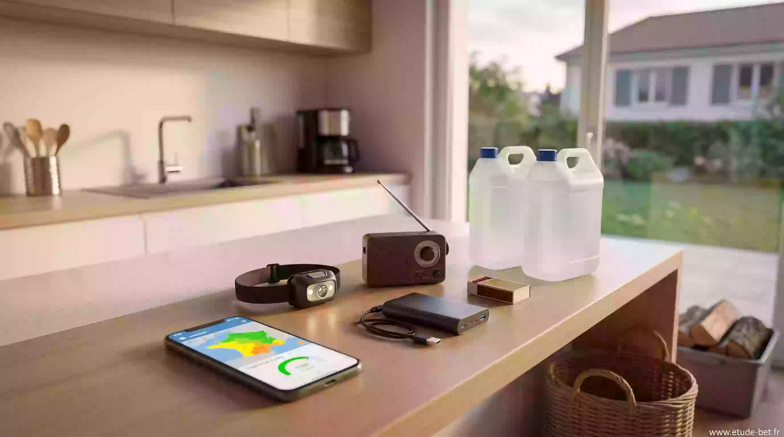 Kit de résilience domestique : lampe, radio, batterie externe, eau, et smartphone affichant Ecowatt et la vigilance météo